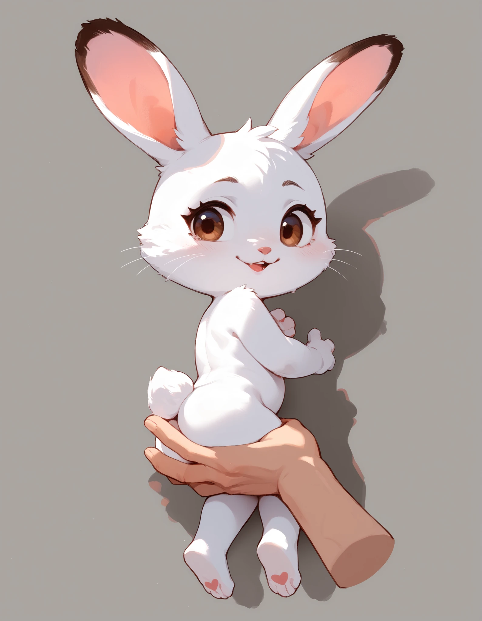 score_9, score_9_up, score_8_up, score_7_up, score_6_up, score_5_up, source furry, anthro, Long exposure photo of Hyperrealistic art anthro, judy hopps, detailed two tone grey fur body with white chest, grey lagomorph feminine beautiful face, fully in view, kneeling, solo, nude, nsfw, buckteeth, smiling, blushing, birds eye view shot, indoors in bedroom with romantic lighting, animal feet with pawpads, =