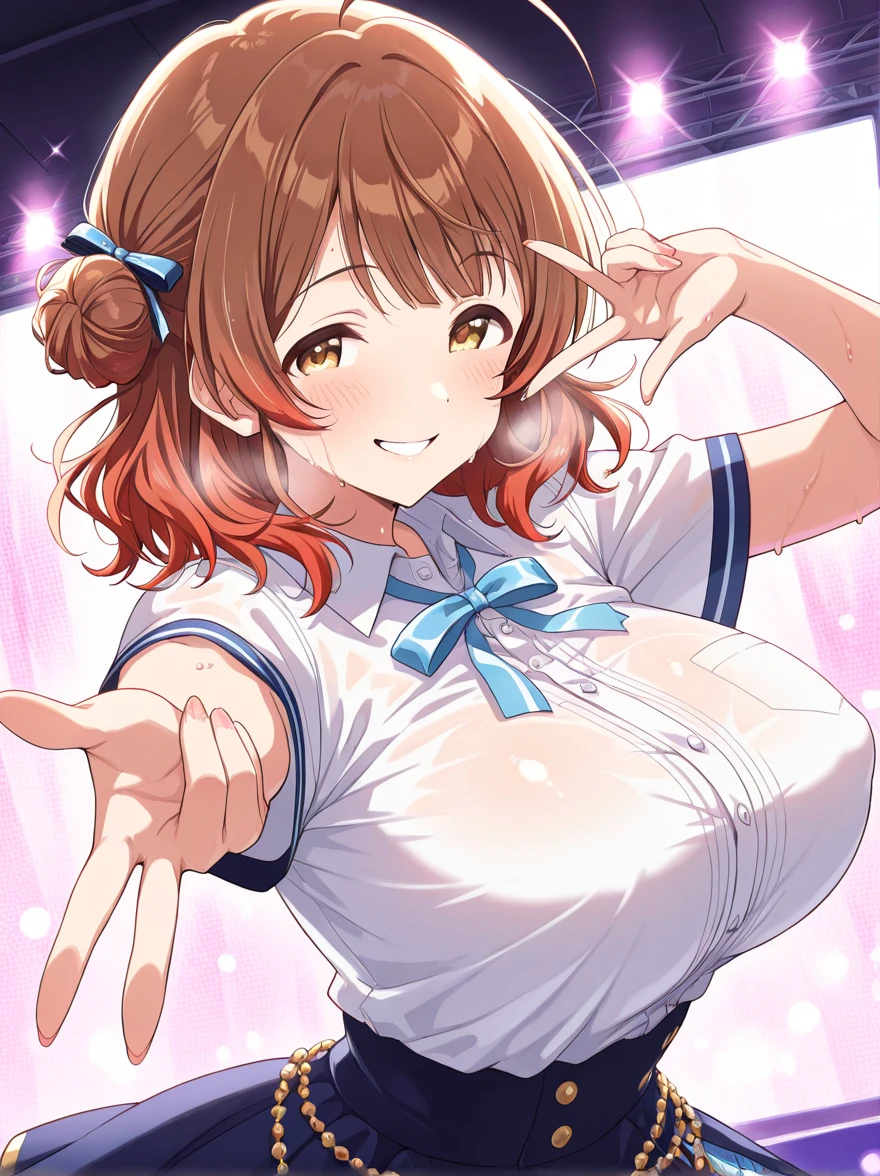 sakaidayukino. Her hair is tied up and placed over her shoulders in front of her chest brown hair, hair ornament, hair scrunchie, brown eyes, bow, bangs, hair bow ,, large breasts, live stage, solo nipple, naked, Peeing, lactation, projectile lactation,  , Sweating profusely, Love juice, Wet Woman,  female ,