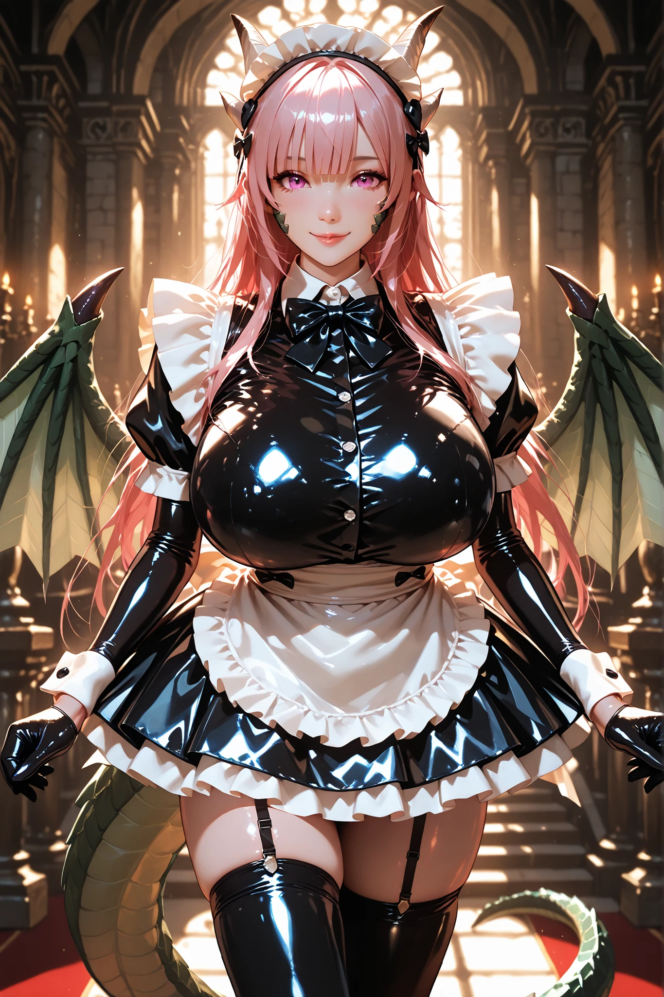 dragon girl, solo, wings, dragon tail, horns, long pink hair, straight bangs, perfect skin,vertical deep decollete, touches her work,pretty smile, high-quality lighting, many cute children, huge breasts, massive breasts, shiny latex maid costume, maid clothes, stockings, sexy poses, extreme detail, hdr, hyperrealism, epic reality, masterpiece, castle room
