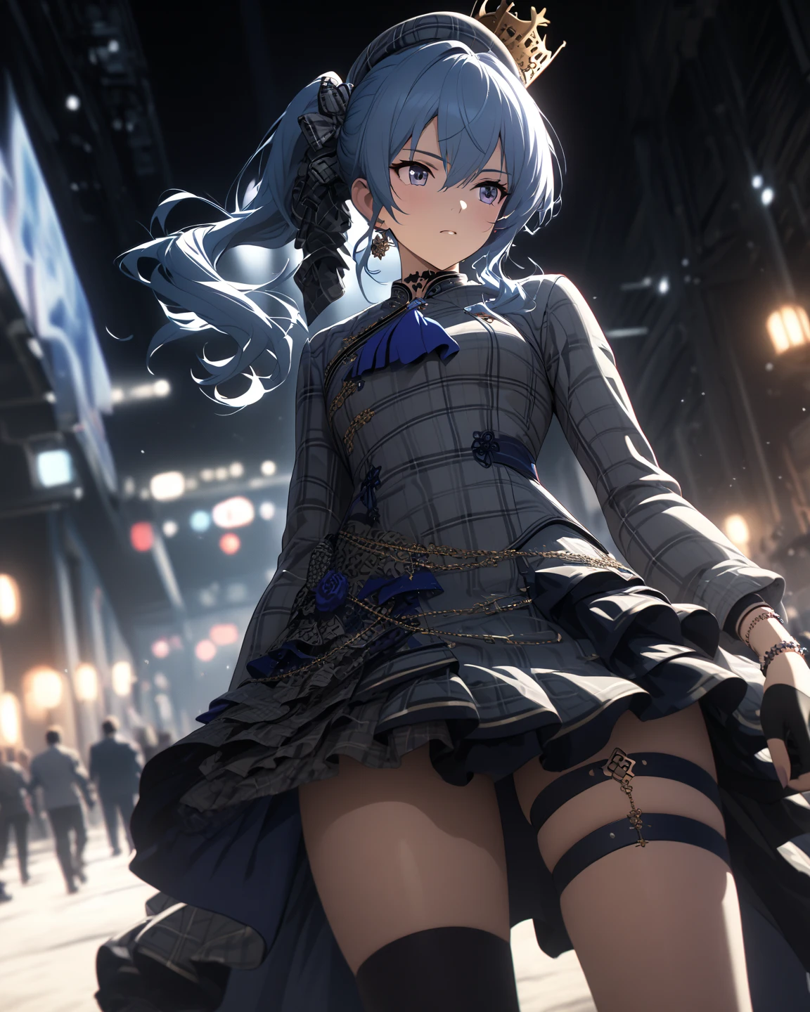 ((Highest quality)), ((masterpiece)), (detailed),1girl, 独奏, blush, aroused, clothed, gothic lolita, skirt lift, spread legs, upskirt, pantyless, NSFW, sweat, rittle wet, blurry background