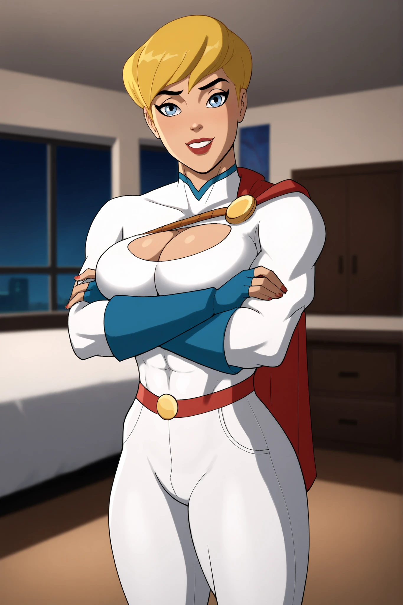 BREAK, score_8_up, score_7_up, score_6_up, score_9, PowerGirlPublicEnemies, 1girl, solo, blonde hair, large breasts, short hair, blue eyes, superhero, lipstick, makeup, dark skin, cleavage, curvy, athletic, looking at viewer, smiling, seductive expression, bedroom eyes, red leather jacket, white tank top, white leather pants, blue leather fingerless gloves, standing, indoors, bedroom, closeup, portrait, arms crossed, crossed arms 