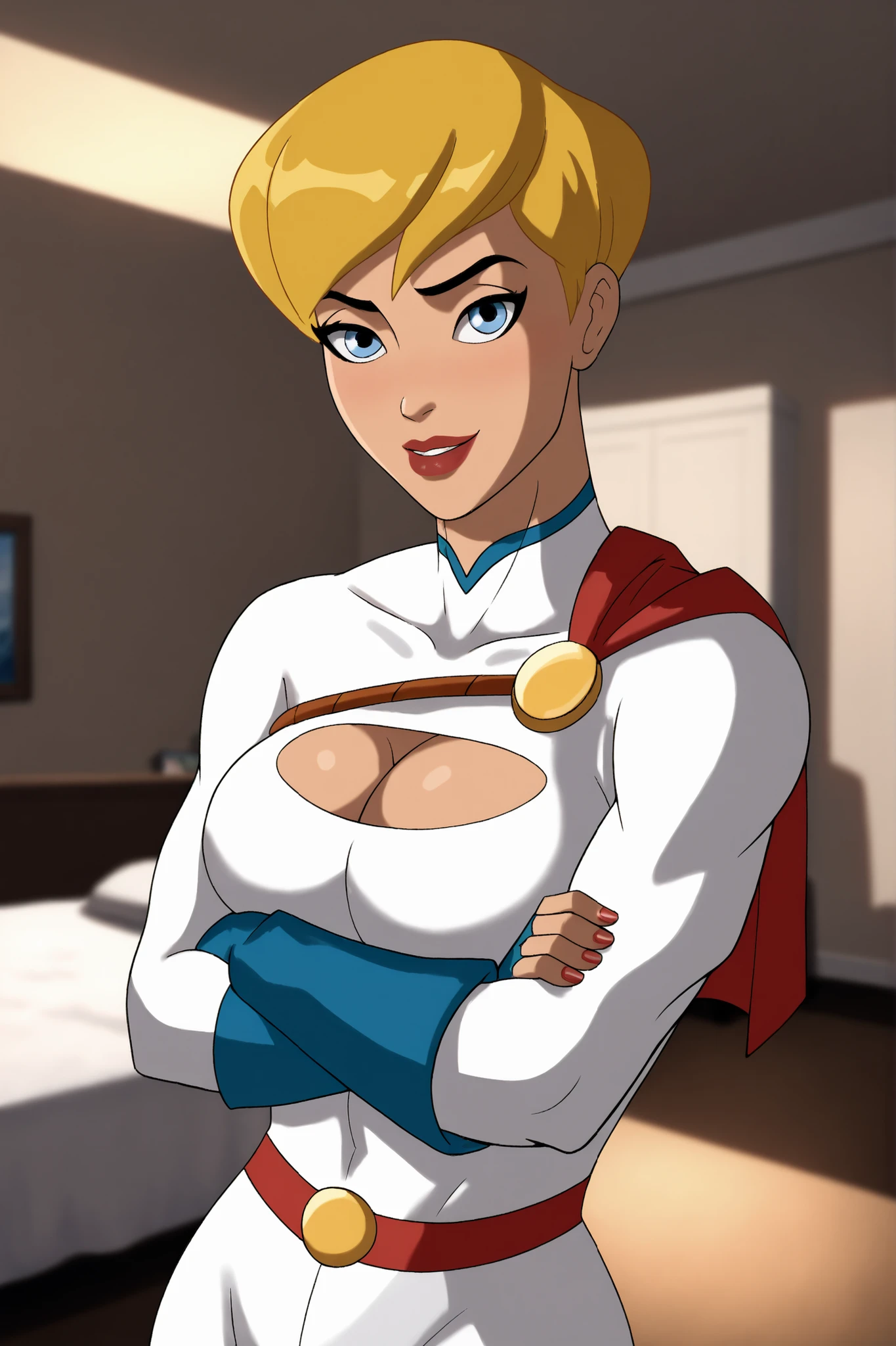 BREAK, score_8_up, score_7_up, score_6_up, score_9, PowerGirlPublicEnemies, 1girl, solo, blonde hair, large breasts, short hair, blue eyes, superhero, lipstick, makeup, dark skin, cleavage, curvy, athletic, looking at viewer, smiling, seductive expression, bedroom eyes, red leather jacket, white tank top, white leather pants, blue leather fingerless gloves, standing, indoors, bedroom, closeup, portrait, arms crossed, crossed arms