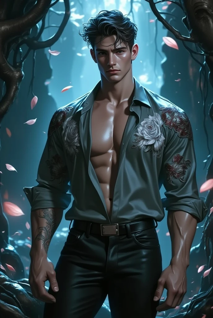 (best quality, masterpiece, highres:1.2), beautiful:1.5, open black suit, black short hair:1.5, afternoon in a deep forest, no one around, looking at the viewer,symmetrical eyes, shirtless , wearing fit shorts, with necklace,.