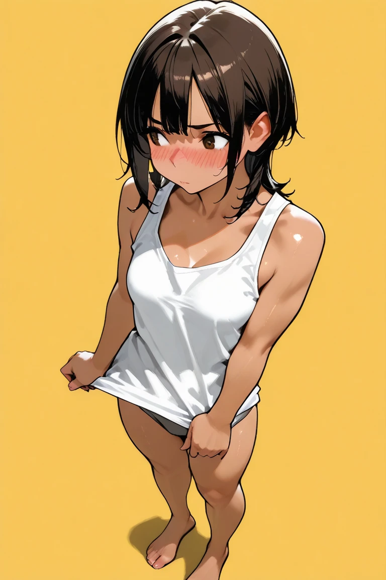 a girl with no clothes in her underwear walking around a dark room, 1girl, underwear, solo, , towel, , brown hair, , blush, short hair, towel around neck, navel, golden eyes, , looking at viewer, underwear only,Mischievous grin,All sweaty, Covered in sweat,soaked,navle,nip,loli