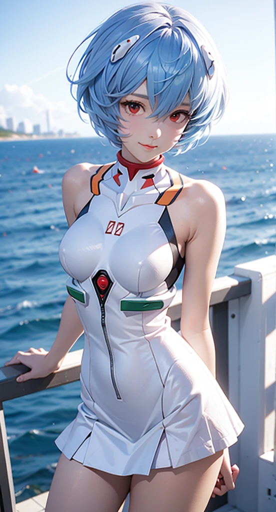(masterpiece, Highest quality, Very detailed, 8k, wallpaper, Realistic), ((Perfect hands)), ((Perfect Anatomy)), Medium cleavage, Long, round legs, Round ass, ((Attractive anime girl)), ((Rei Ayanami)), ((Capturing her ethereal beauty with pale wet skin, Wet short indigo hair)), ((Bright crimson eyes with a mysterious depth)), ((Pale blue or white one-piece swimsuit, Swimwear should be simple and elegant, With a high neckline and a discreet yet flattering cut, NERV logo and、Evangelion-themed designs, etc.、Subtle details can be incorporated as accents, To pay tribute to her character)), ((Close-up shot)), ((Dynamic Background)), ((Sensual pose))