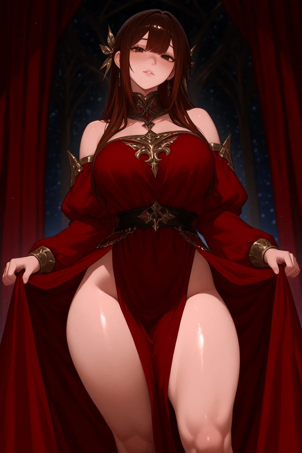 full nude,armpit show,(sunset:1.2),In a castle, Big room ,red carpet on the floor, Standing at attention, queen dress,long sleeves,Gemstones and golden crown,clavicle, deep neckline, purple_Hair, purple_eyes, jewelry, earrings, 1 girl, 20 years,young woman infp,beautiful Finger,beautiful long legs,beautiful body, beautiful nose,beautiful character design, Perfect eyes, Perfect face,expressive eyes, looking at the viewer, In the center of the image,(parte superior del body_body),(Focus on his face), Official Art,the Extremely Detailed CG Unity 8k Wallpapers, Perfect Turning on,showy, bright_forehead_face_Turning on,shiny skin, (Mesa:1.0),(better_quality:1.0), Súper High resolution,4k,ultra detailed, Photography, 8k, NFFSW, High resolution, absurd:1.2, codas portrait, Film grain, blurred background, bokeh:1.2, Lens flare, (Vibrant_color:1.2) (beautiful,old), (beautiful_face:1.5),(narrow_waist), big breasts, chandelier earrings
