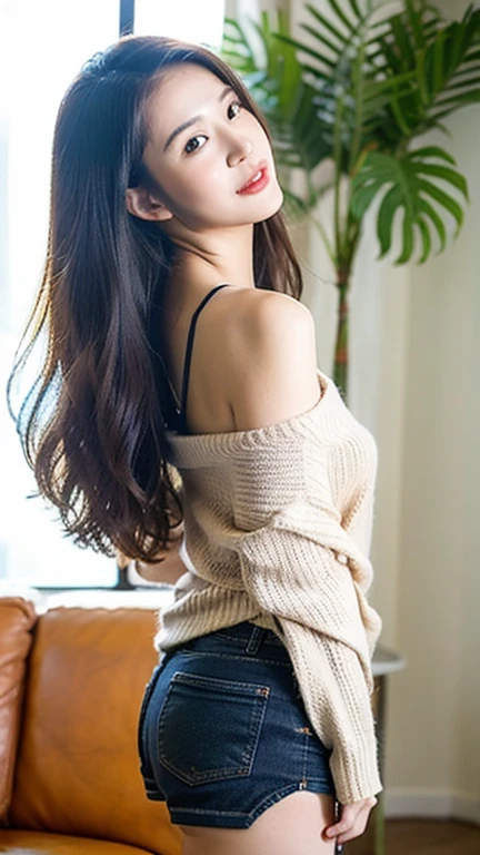 dark brown hair、light brown eyes、Japanese actress face、 lady、I&#39;Iは彼とIが好きです&#39;I&#39;Iは40歳くらいです.、(intricate details:1.2)、(which one is the top?:1.4)、 (ultra high resolution:1.2)、ultra high resolution、(finely tuned)、(detailed facial features)、nffsw、8K resolution、D cup size breasts、long hair、Bright bathroom with sunlight shining in、big window、luxurious space、relax、、,full body photo、head to toe shot、beautiful feet、red　off shoulder knit、beautiful feet、A refreshing room filled with sunlight、she, household items,   (plant:0.8), center of fashion, extreme details, very detailed, realistic, hourglass body, obscene pose,、、I cry a lot、tears、person on the left、white wall、white floor、diagonally from below、raise your chin、put your butt against the wall、be half-hearted、shot from the side、