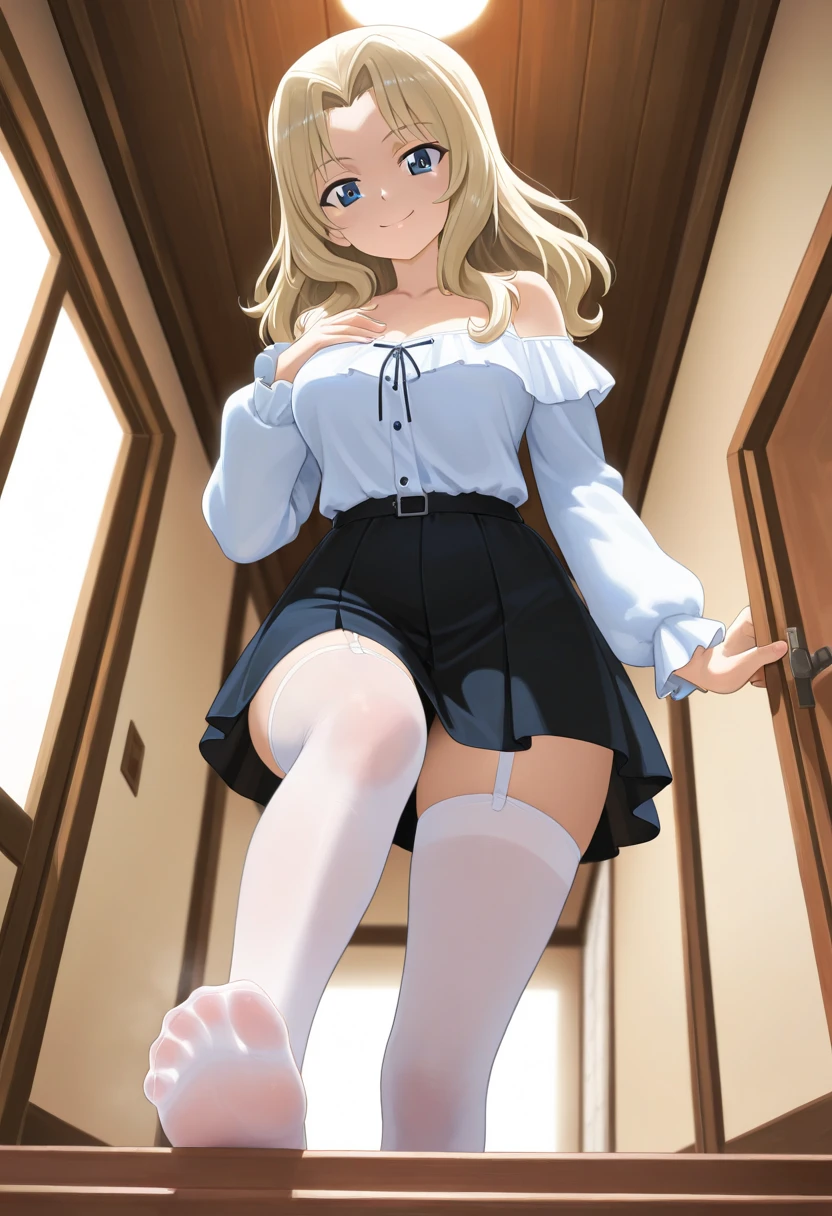 masterpiece, best quality, very aesthetic, absurdres, 1girl, beautiful face, small eyes, asymmetrical bangs, light blonde hair, low twintails hair, straight hair, small breasts, anime artwork, super fine illustration, ultra detailed, At the top of the stairs, strong wind, ultra-mini skirt, showing panties, viewed from below, illustration style, outdoors, cowboy shot, looking viewer