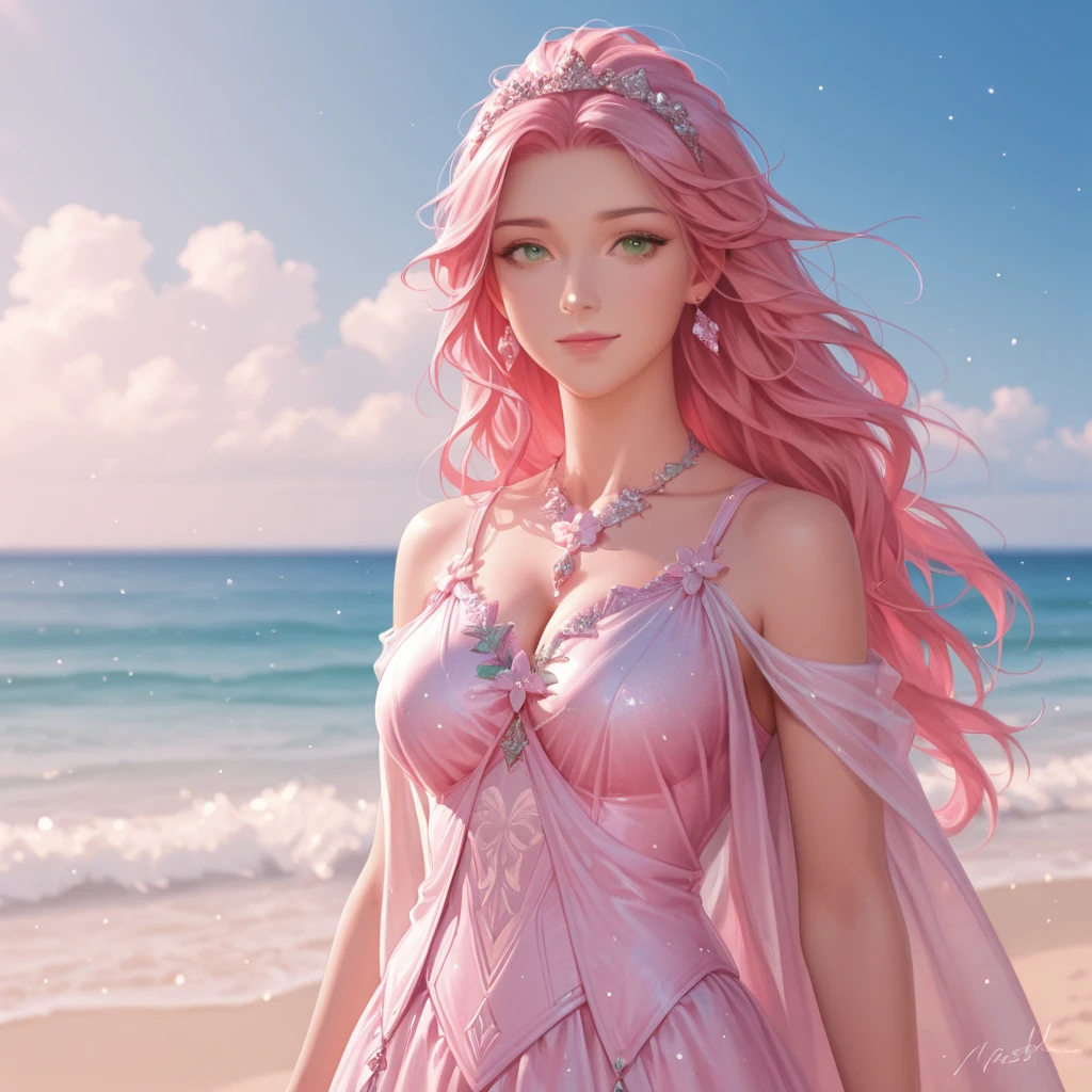 Pink moon, pink sky, soft pink clouds, pink ocean waves sparkling, sparkling, pink roses on pink ocean, fantasy, diamond, crown, universe, soft lights, --auto