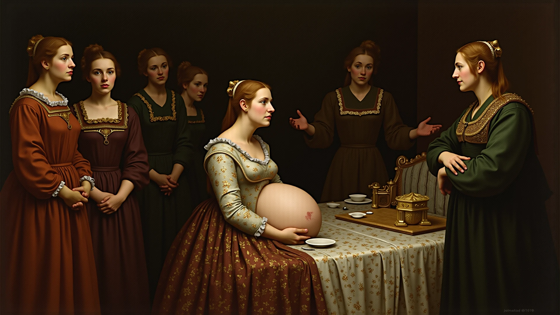 One Renaissance painting of a woman at an elaborate feast alone, dark shadows, alone, mideval background ,over eating, stuffed belly, (Renaissance oil painting:1.1), stuffed belly, best quality, extremely high resolution, sharp focus, dynamic, (creativity:1.3)