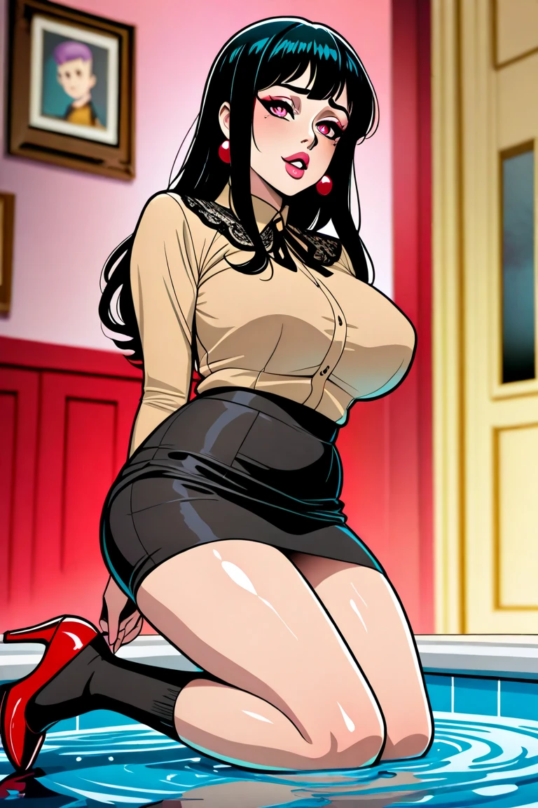 default girl, ordinary clothing, beautiful, skirt, back view, nsfw, visible pussy, Visible nipples, enormous breasts, wide hips, stockings, choker, high heels, sexy pose+++