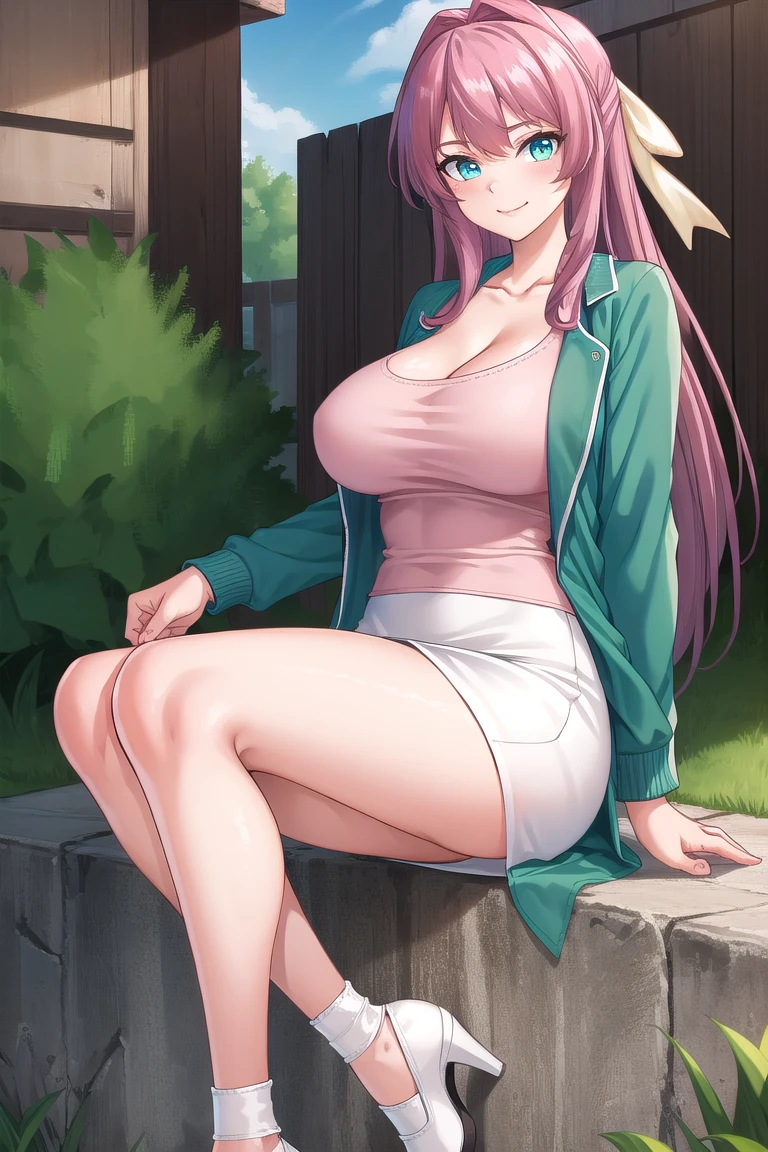 Masterpiece, raw, beautiful art, professional artist, 8k, art style by sciamano240, very detailed face, very detailed hair, 1 woman, perfectly drawn body, beautiful face, long hair, pink hair , very detailed green eyes , rosey cheeks, intricate details in eyes, playful smile, looking directly at viewer , in love with viewer expression, black chocker, lipstick, wearing cute fall clothes, light blue ribbed crop sweater, matching short light blue pencil skirt, full body view, standing, one foot on park bench, sunny day fall setting, focus on feet, cleavage exposed