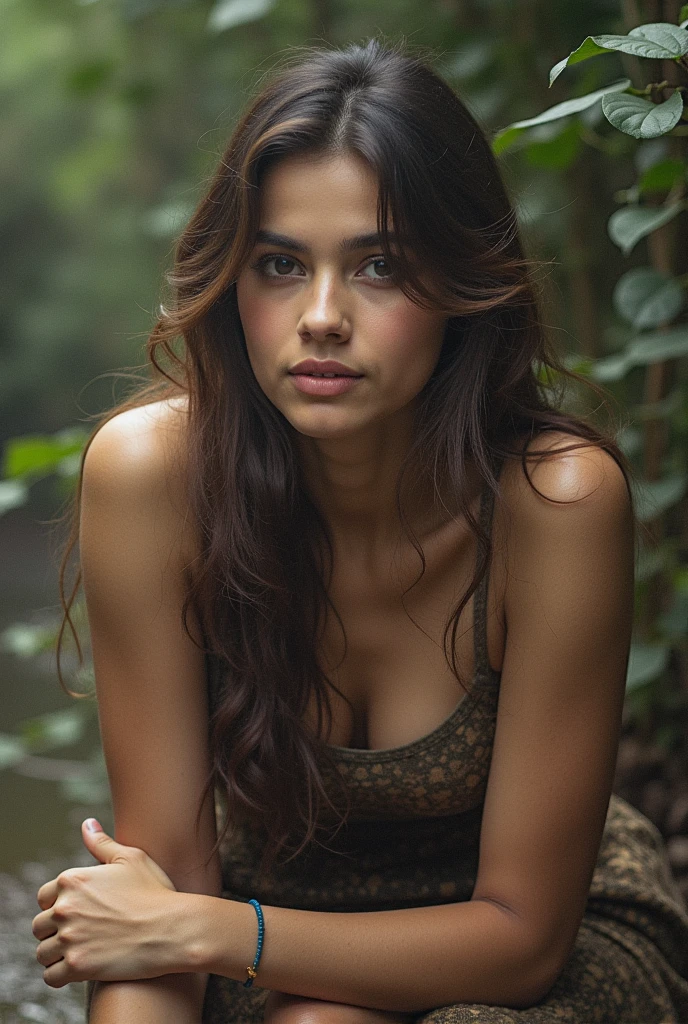 A 18 years old young woman with long dark hair, in jungle river. Warm and soft lighting. amazing photograph, DSLR, 80mm Sigma f2, depth of field, intricate natural lighting