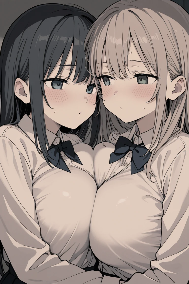 2girls, alternate breast size, black hair, day, bow, breast press, long hair, looking at viewer, , multiple girls, plaid skirt, skirt, symmetrical docking, (((yuri,outdoors,Crushed large breasts))),NSFW,Excited,love