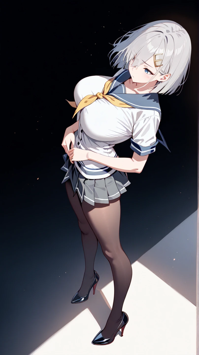 (large hips), back view, Highest quality, Super detailed, masterpiece, Ultra-high resolution, 8K, High Contrast, (Sailor uniform, micro mini skirt, light blue striped see-through panties, Sticky panties, cameltoe, beautiful ass), (bare back, crop back), [1girl, shokuhou misaki, toaru majutsu no index], Sideboob, black stockings, (Thighs), (Curvy waist), Shower room, (from above)