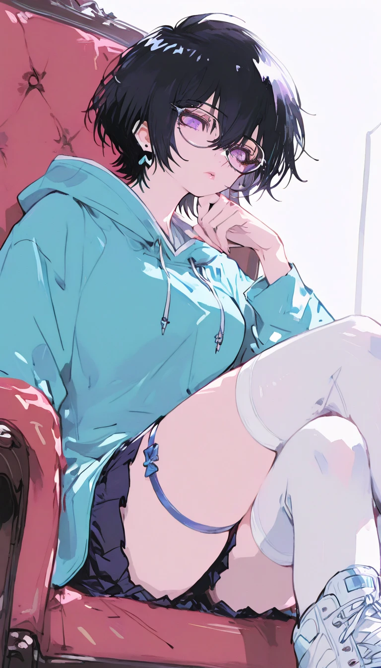Elementary school girl, 8 years old, toddler, flat chest, black hair, short bob, glasses, purple eyes (One person)White bra White panties on lower body ((I can see her panties)) White socks Girls' locker room at school Standing and changing clothes Dynamic Angle Low - Angle