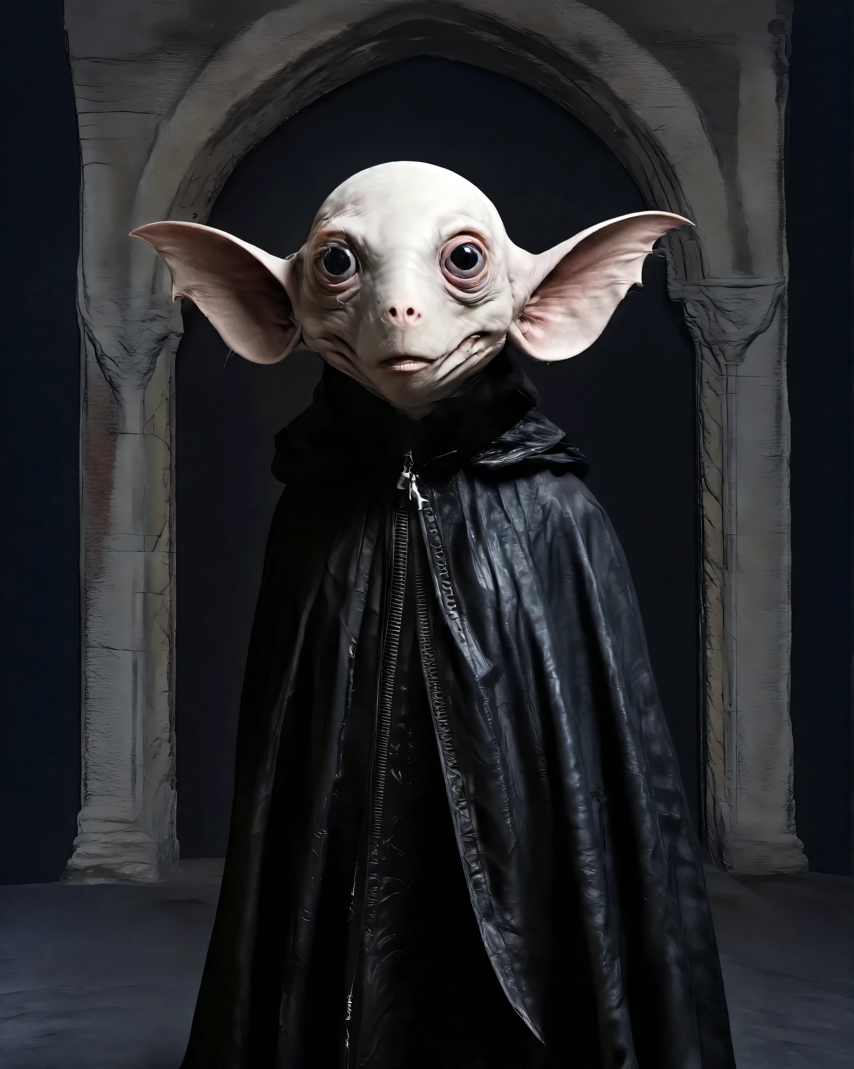 Hyperrealistic Nosferatu inspired, photography, trendy close up, Making an impossible move, perspective, dark background, strange, dead animals in a Gothic castle, leather, extreme and sinister fetish, straps and zippers, fetishist, sadomasochism, Extremely bizarre, until