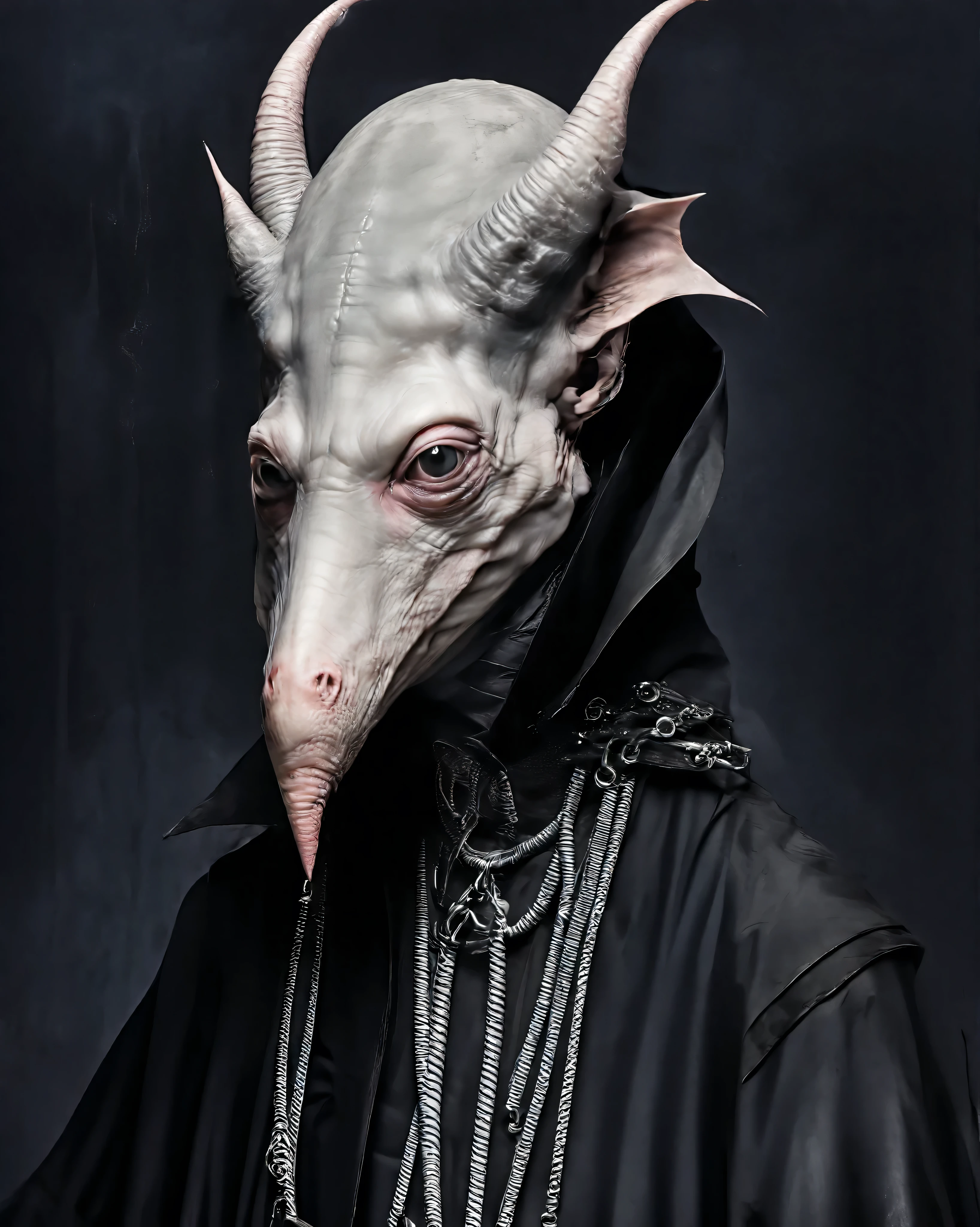 Hyperrealistic Nosferatu inspired, photography, trendy close up, Making an impossible move, perspective, dark background, strange, dead animals in a Gothic castle, leather, extreme and sinister fetish, straps and zippers, fetishist, sadomasochism, Extremely bizarre, until