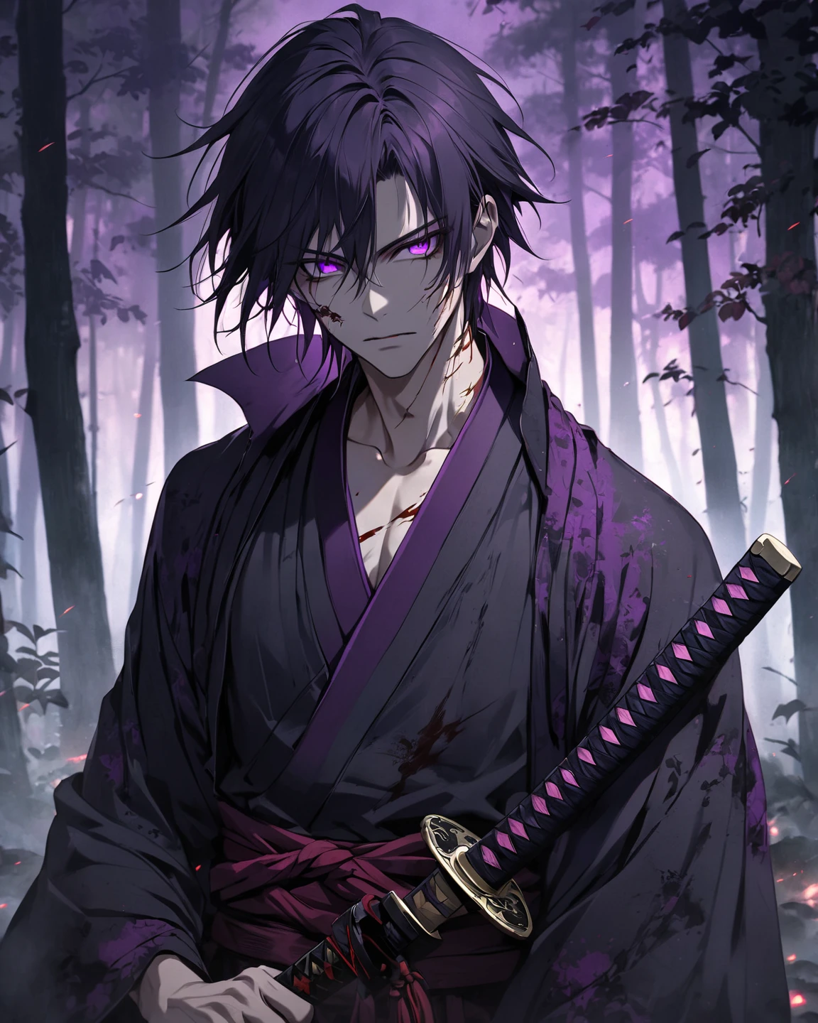 A man wearing hakama, dark gray long-sleeved hakama shirt, long black hakama skirt, wearing dark purple tengu mask, tengu mask, black hair, dark purple aura, holding a katana, katana with dark purple effect, muscular, muscular arm, full body, postured standing,horror aesthetic,.HDR, ultra resolution, well defined, masterpiece, 8K HD. (solo man)
