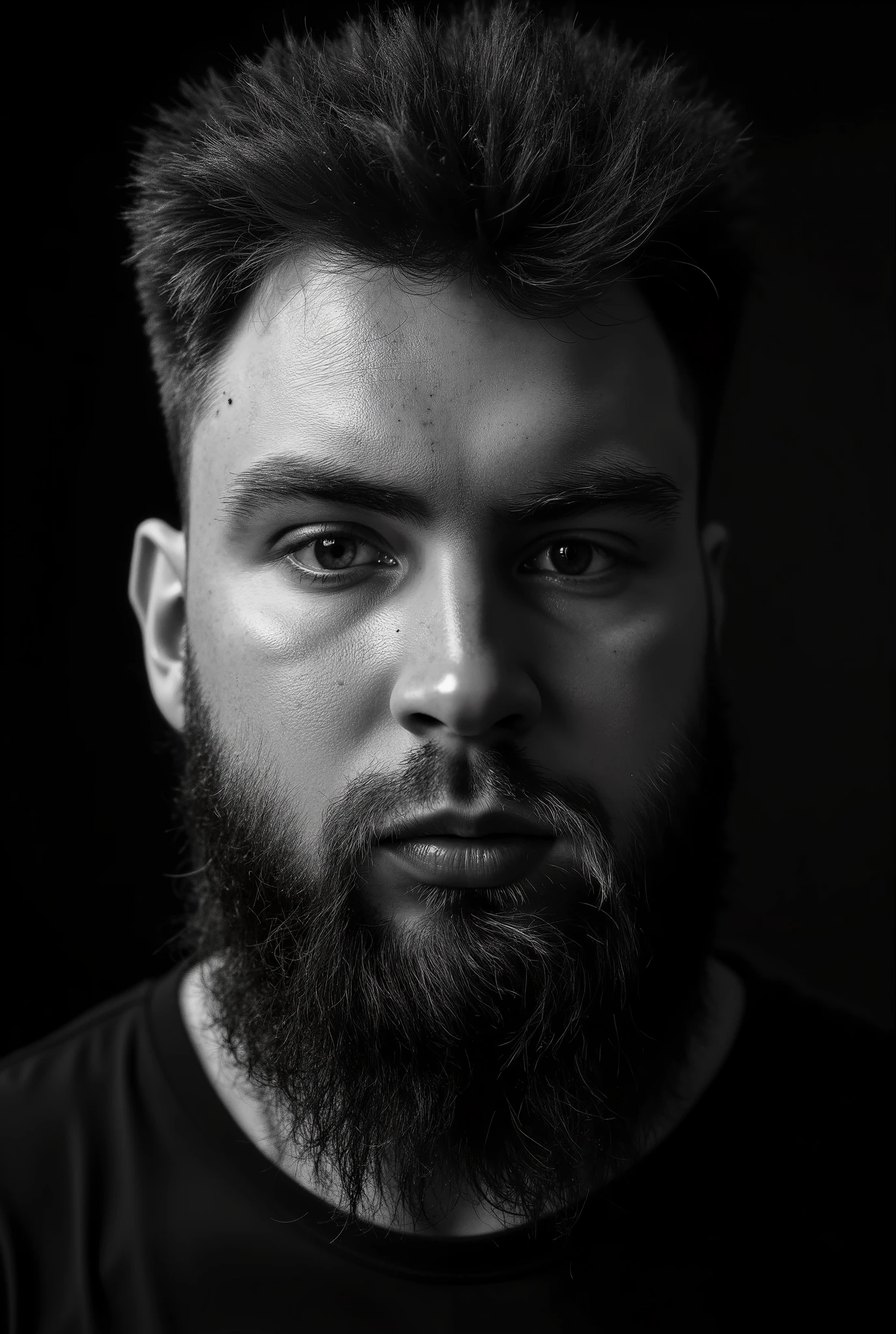 Create a high-contrast black-and-white close-up portrait of a man resembling the avatar of pavel89ru. The man should have a rugged, intense expression, with noticeable facial hair, scars, and a strong jawline. The portrait should show only the right half of his face in a straight-on view, with the left side of the face left in shadow. Use dramatic, professional lighting to emphasize the details of his facial features, such as the texture of the skin, the lines of his face, and the deep shadows. The background should be dark and minimalistic, with no distractions from the subject. The skin texture should be ultra-realistic, capturing the raw and authentic quality of his features. The gaze should be direct, focused, and piercing, creating a raw and powerful visual. The overall atmosphere should convey strength, power, and a sense of toughness, fitting for a high-end, gritty editorial portrait. Use 8K or 4K quality to capture maximum detail in the skin, hair, and facial features