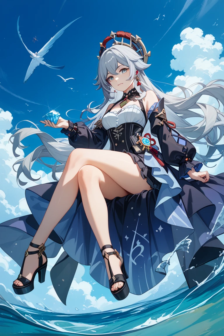 1girl, 长发, 肚脐, yuudachi_\(azur_lane\), 乳房, 辫子, 无底洞, solo, animal_ears, looking_at_viewer, 锁骨, white_legwear, 腮红, silver_hair, very_long_hair, puffy_sleeves, 肚子, sitting, smile, animal_ear_fluff