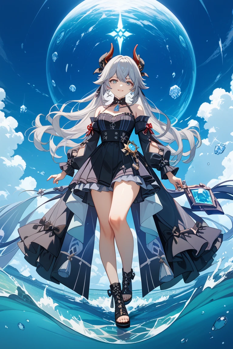 womanstanding on the beach,azure ocean,standing beside the ocean,((bronya zaychik silverwing)),one hand on hips,as a character of final fantasy xiv,heeled boots,(full body:1.2),(ultra-detailed:1.3),full body,(Golden Ratio:1.2),long silver hair,(white bra+dark blue dress+white coat)