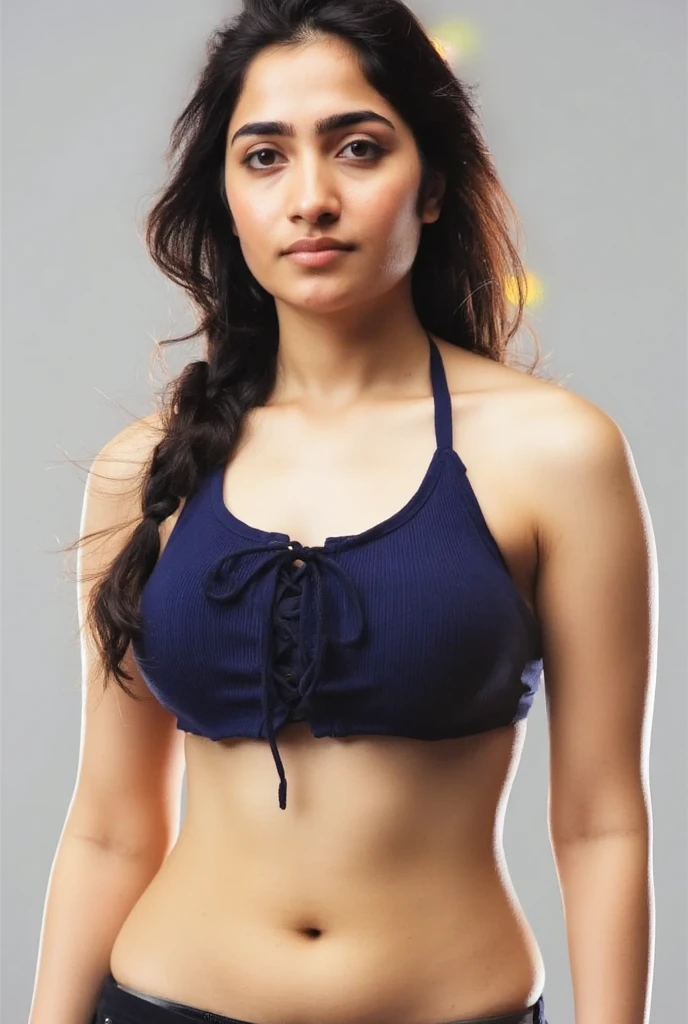 Looks like Deeksha Seth,slightly chubby,wearing black boxing gloves,black boxing gloves,boxing ring,sweaty,tired,exhausted,arms raised,both arms up,boxing gloves on both hands, intricate details,dark blue outfit,(ArtStation:1.2),armpits,sweat,sweaty,sweaty armpits,arms up,showing armpits,awesome armpits,eyeroll,blue outfit,blackish blue arm warmers,blue arm bands,blue black arm warmers