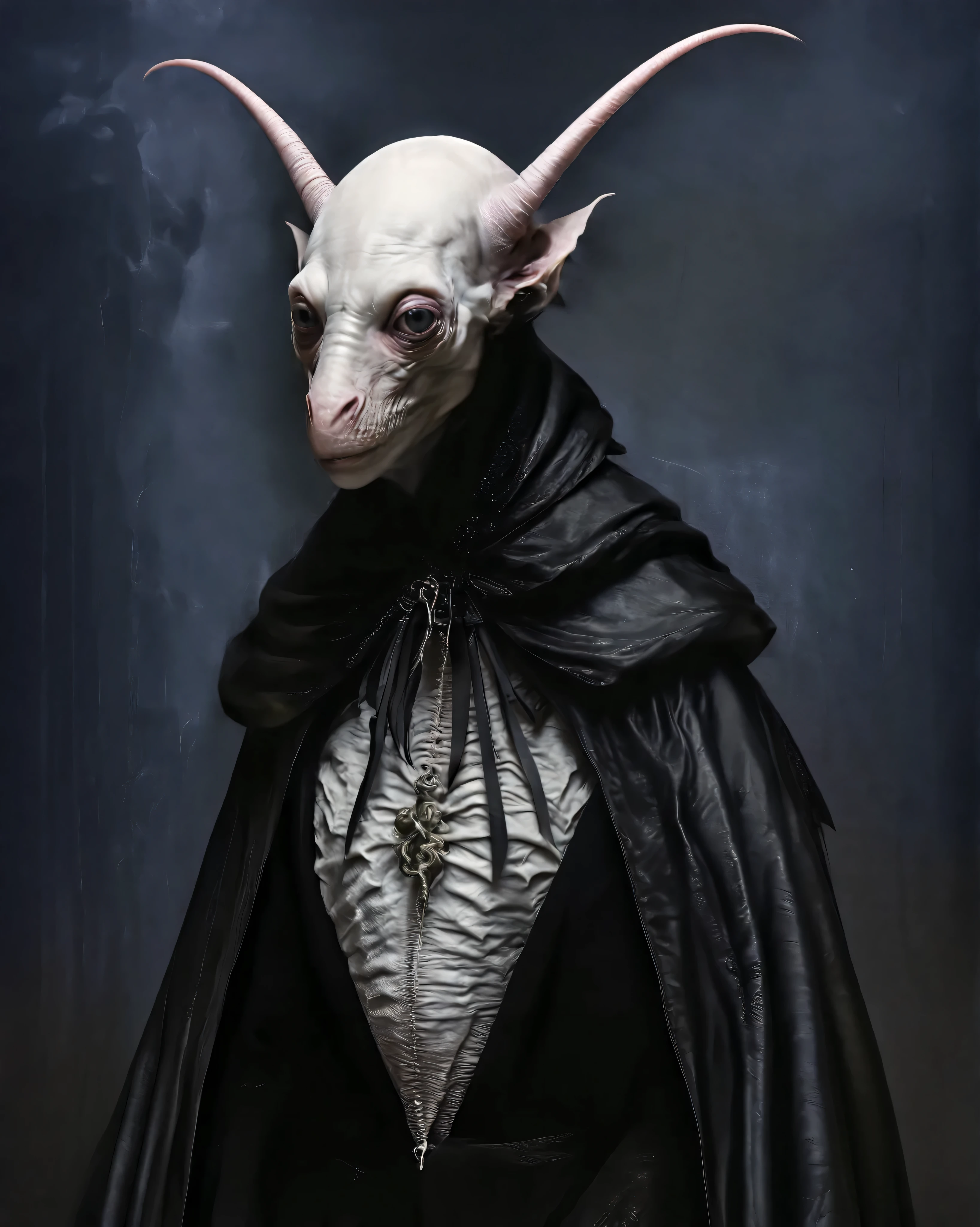 Hyperrealistic Nosferatu inspired, photography, trendy close up, Making an impossible move, perspective, dark background, strange, dead animals in a Gothic castle, leather, extreme and sinister fetish, straps and zippers, fetishist, sadomasochism, Extremely bizarre, until