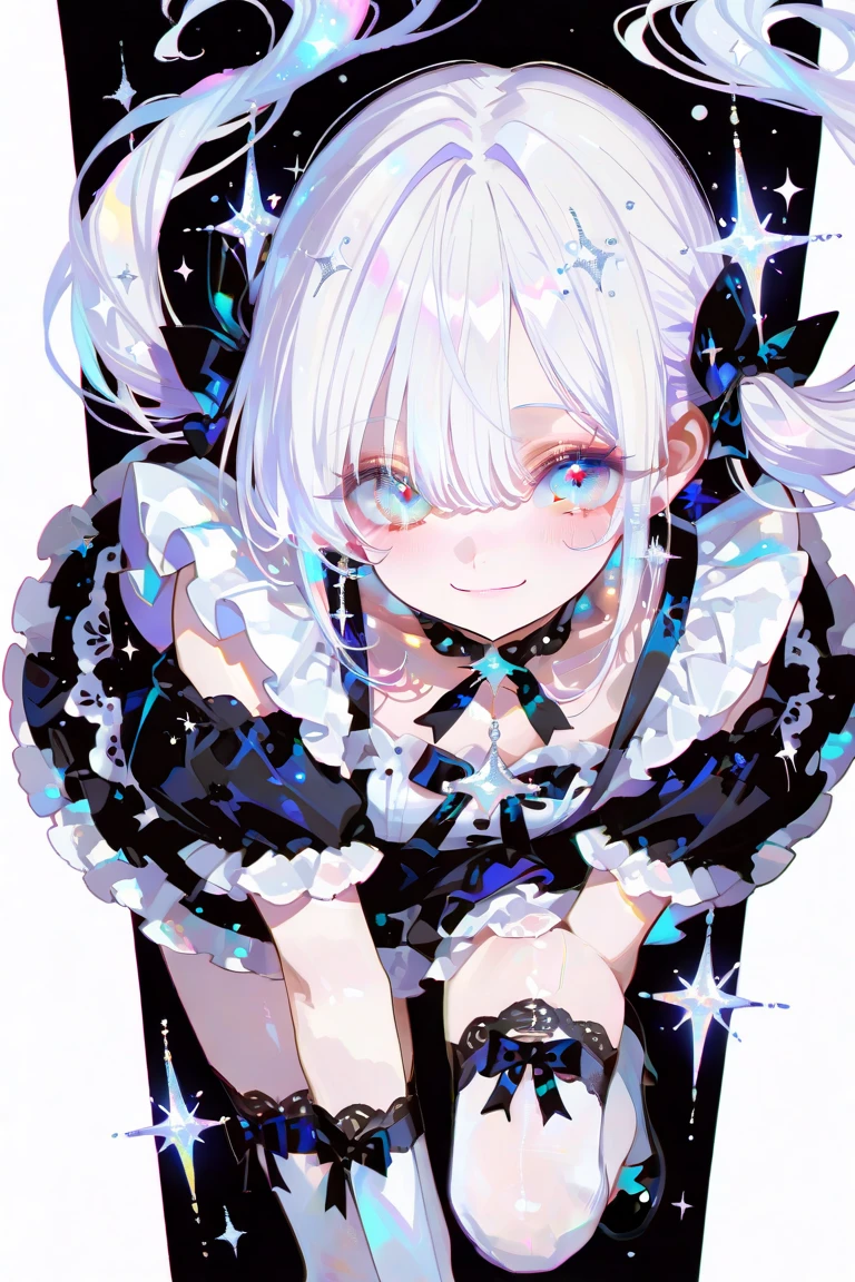 A cheerful silver-haired magical girl with sparkling blue eyes, smiling brightly with a radiant, pure-hearted expression. Her long silver hair flows freely or in twin tails, catching the light. Surrounded by floating sparkles, soft magical glows, and a dreamy background of sky blues and pastel lights. A “sharara” magical aura with an ethereal, innocent vibe, anime-style, full-body portrait, soft lighting, ultra-detailed, vibrant colors, full body.A full-body illustration of a [character description], standing in a [pose or background], wearing short black and white maid outfit, frilly skirt, lace apron, ribbon details, thigh-high stockings, Highly detailed, dynamic lighting, anime style, sharp lines, vibrant colors, 4K resolution. frontal