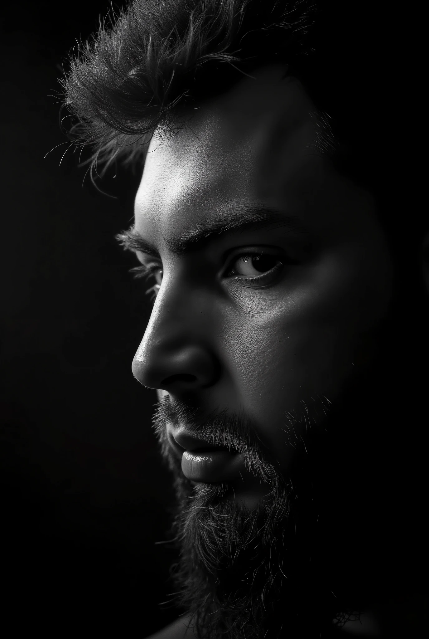 Create a high-quality black-and-white close-up portrait of a man resembling the avatar of pavel89ru. The man should have a stern, intense expression, noticeable facial hair, and a strong jawline. Only the right half of his face should be shown, illuminated by dramatic lighting, while the rest is left in deep shadow to emphasize the sharpness of his facial features. The camera should be positioned at a side view, capturing the face from the profile, with the lighting highlighting the contours and textures. The lighting should be professional, with deep shadows and bright highlights accentuating the eyes and other details. The background should be dark and minimalistic, with a smooth gradient to avoid distracting from the face. The skin texture should be ultra-realistic but moderately detailed, appearing natural with each line and pore visible in high resolution, but without excessive texture. The gaze should be piercing and intense, creating a cinematic and moody atmosphere. The overall look should convey strength, power, and mystery, suitable for a high-end fashion or editorial magazine. Use 8K or 4K image quality with maximum detail to capture the facial features, skin texture, and hair.