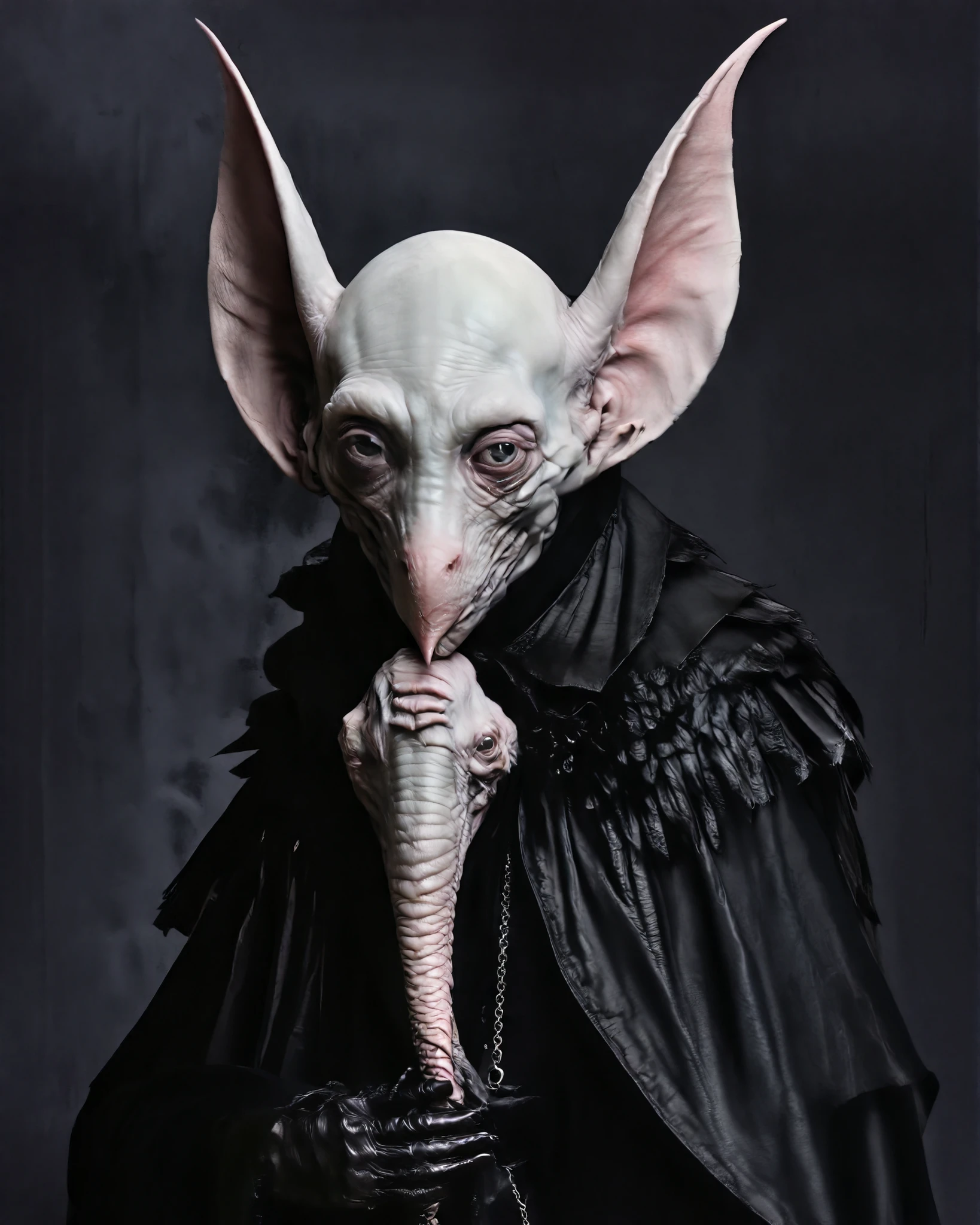 Hyperrealistic Nosferatu inspired, photography, trendy close up, making a move comforting your in your arms, Cries a lot, perspective, dark background, strange, dead animals in a Gothic castle, leather, extreme and sinister fetish, straps and zippers, fetishist, sadomasochism, Extremely bizarre, until