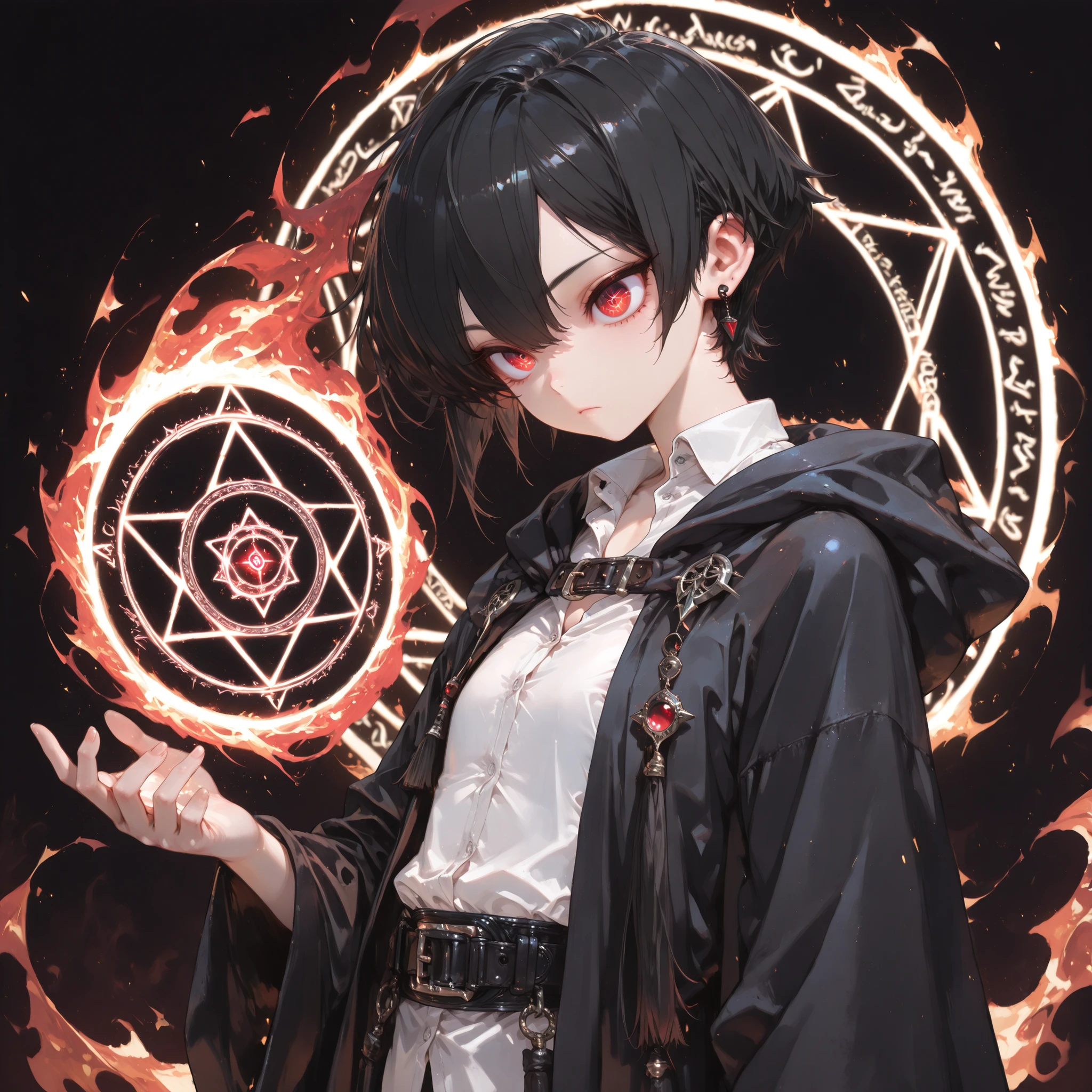 ((Best Quality)), ((masterpieces)), (detailed), perfect face, SOLO, ((((TOMGIRL)))), FEMBOY, ANIME, beautiful detailed eyes, BOB hair, BOBBED hair, BLACK hair, RED EYES, expressionless, hooded, Magical Eyes, dark background, dress shirt, BLACK Hooded robe, ((flat chest)), magic circle, magic circle, Fire magic, earring, ((Hooded)), buckle