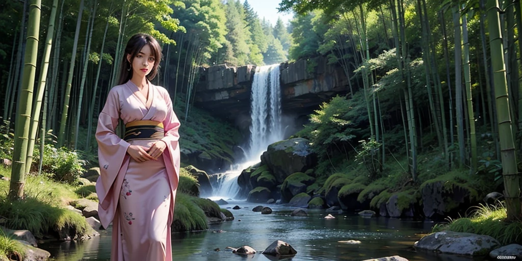 beautiful geisha, half body view, background dramatic waterfall
