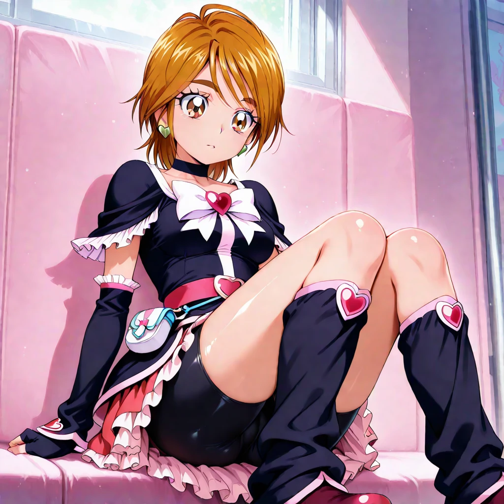Masterpiece, best quality,Hoshizora rin, cowboy shot,solo ,yellow eyes, short hair, orange hair, looking_at_viewer, blush,mini skirt ,exposed white underwear,frills,pink tube top, cleavage , thigh strap