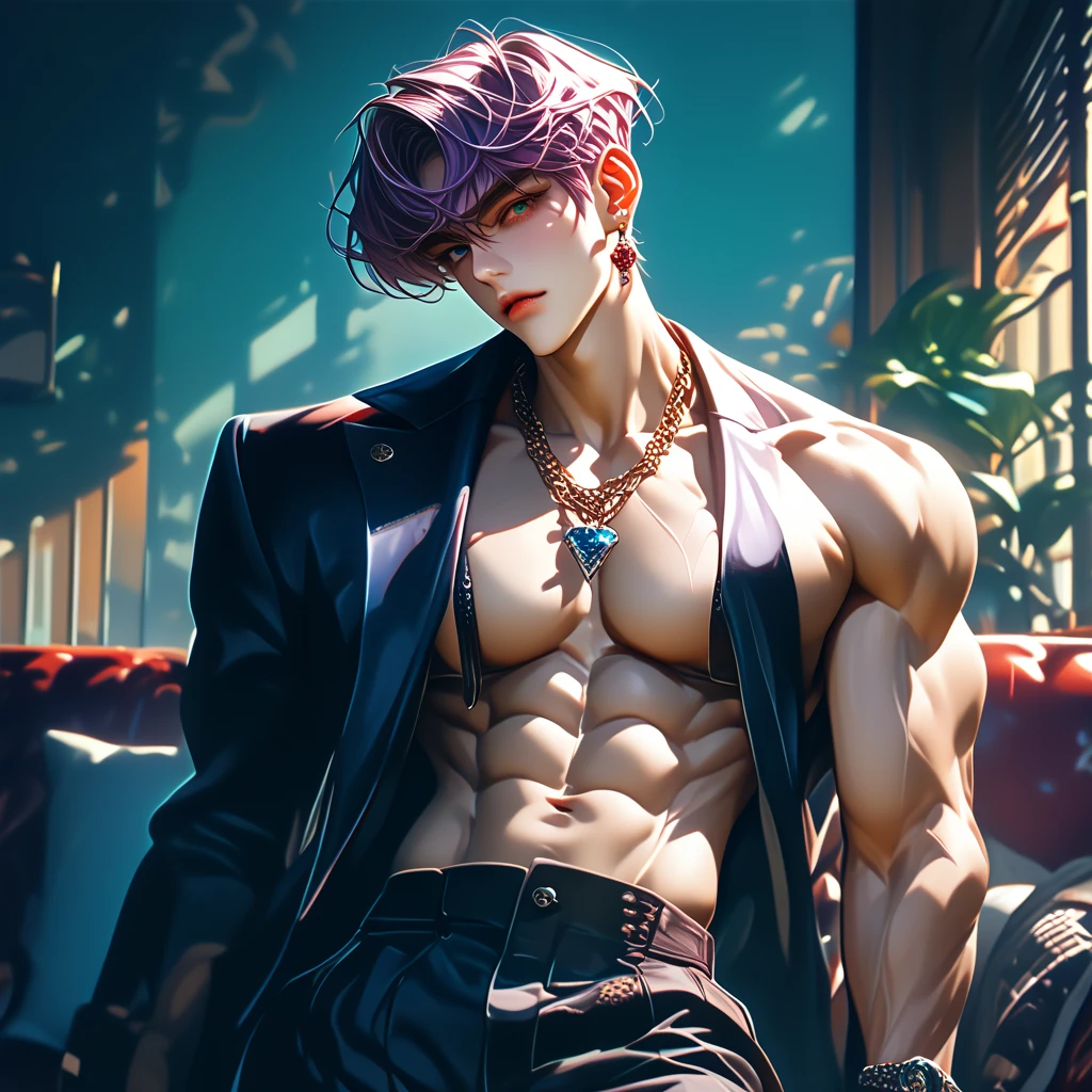 head to hip scale,hight angle,look at the viewer,pink hair,a muscular kpop idol boy ,handsome,big bicep,tight  turtle neck clothes,idol clothes,chest harnest, black clothes tone,studio lighting,
