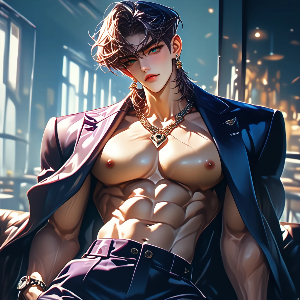 Natsu Dragneel,ultra-detailed,realistic:1.37,vivid colors,portraits,warm color tones,soft,warm lighting,naked,muscular body,washboard abs and pecs,cum flowing