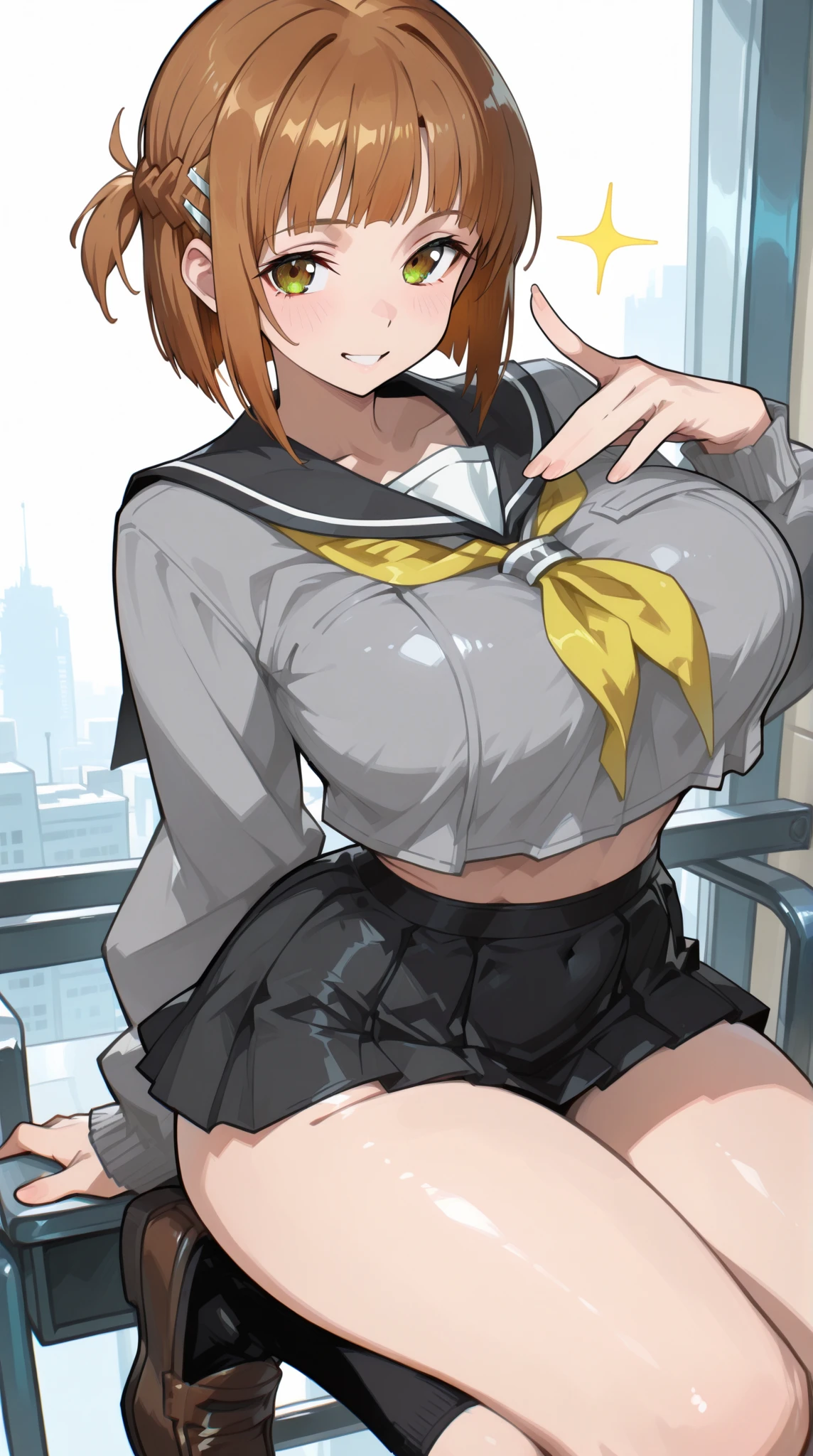 1 Female,High definition,high resolution,Ultra-realistic,8K, hmza, short hair, antenna hair, brown eyes, school uniform, blue necktie, yellow shirt,black jacket, long sleeveless ,European,sexy,Upper body close-up,Photographed from the front,Dynamic Angles,blush, medium tits,large tits ,((nipples)) , smile, facial, sweat, grabbing her tits, multicolored hair ,(from behind),(huge ass),(white lace panties),(show panties)