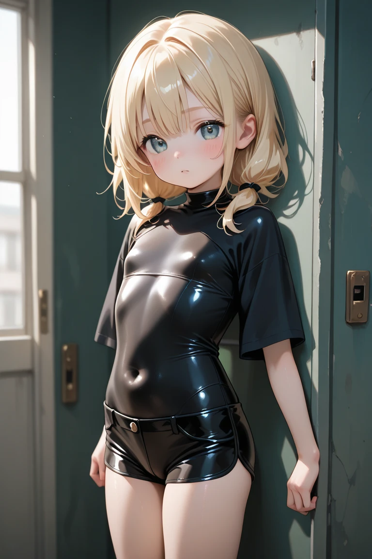 realisticlying、女の子 1 人、a blond、Longhaire、((Twin-tailed))、cowboy shot、radiant eyes、((Wet T-shirt)), pointed Nipple、((leather pant))、Taken from the front, ((Put your hands on your hips))