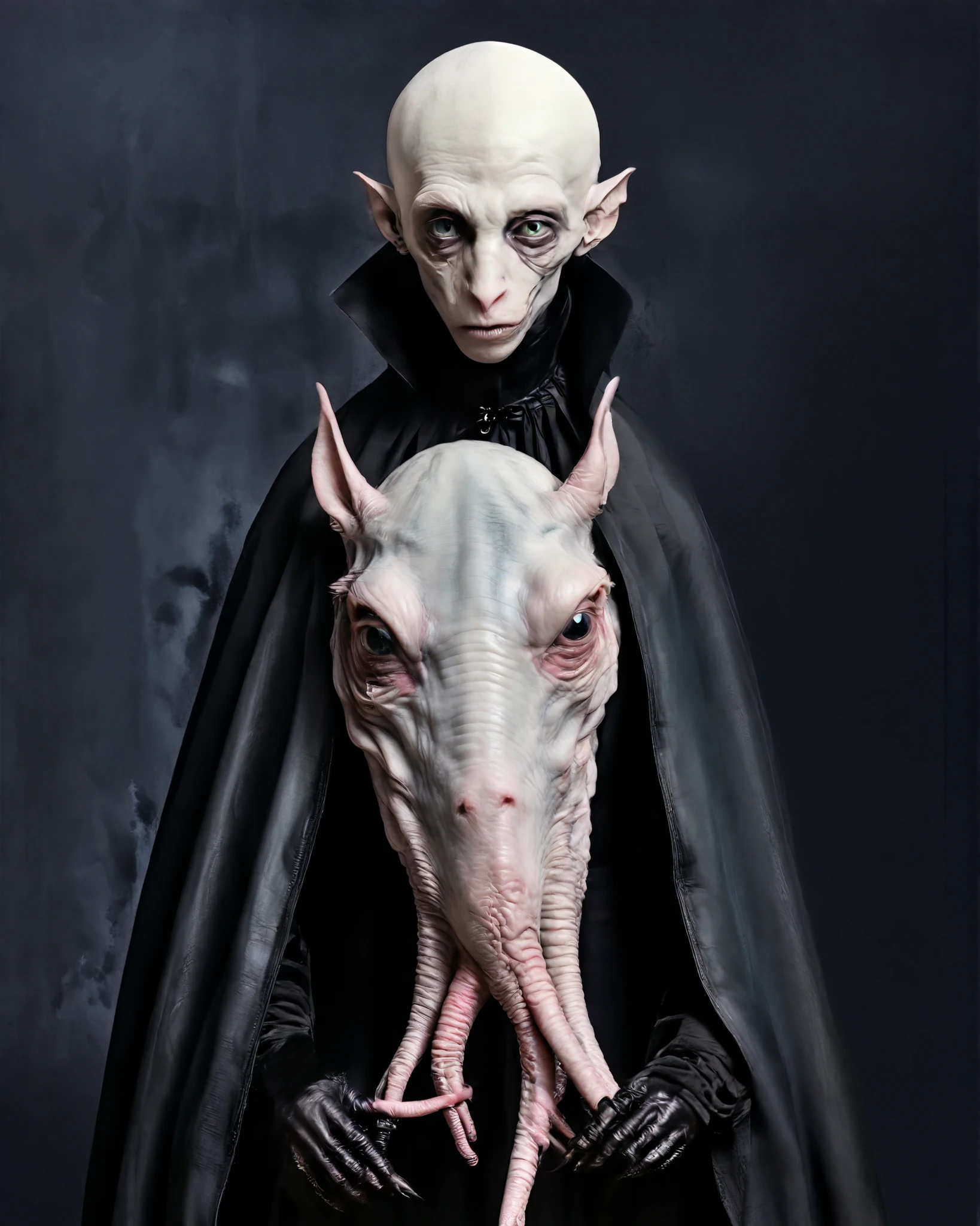 Hyperrealistic Nosferatu inspired, photography, trendy close up, Making an impossible move, perspective, dark background, strange, dead animals in a Gothic castle, leather, extreme and sinister fetish, straps and zippers, fetishist, sadomasochism, Extremely bizarre, until