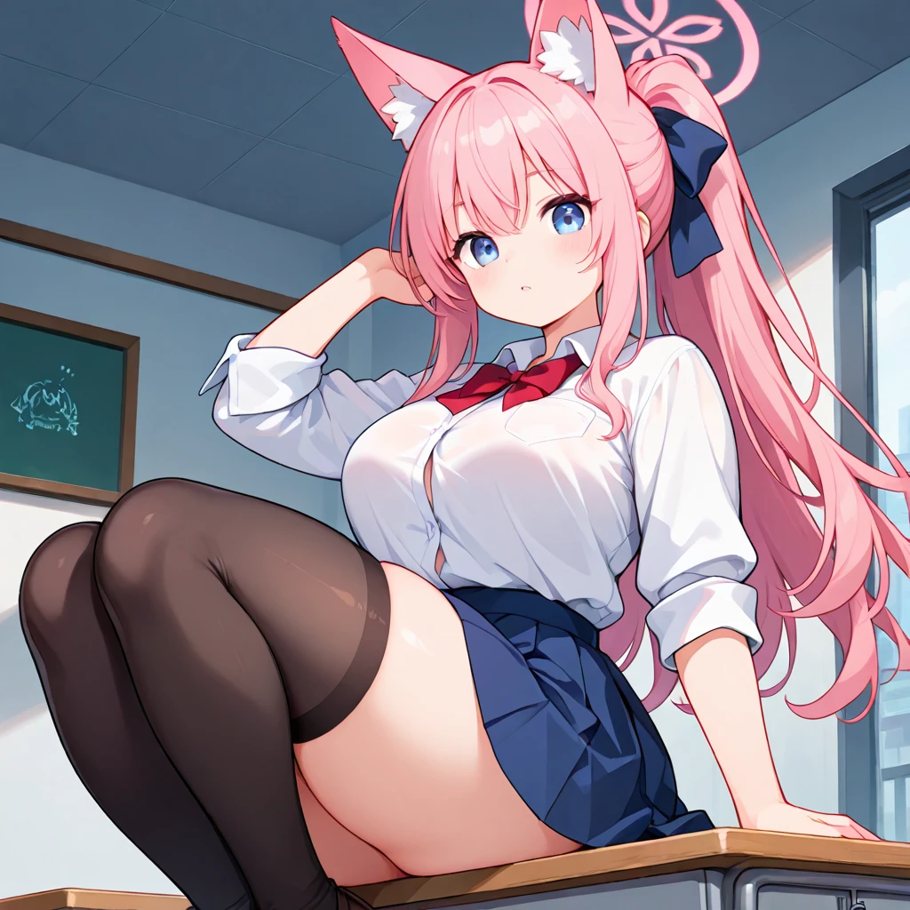 (best quality,highres,masterpiece:1.2),ultra-detailed,realistic:1.37,very small and fluffy anthropomorphic female cat schoolgirl,sitting on desk,exposing herself,extremely detailed face and body,chest tuft,NSFW,full body view center composition with an anime flair,delicate paws,piercing blue eyes,blushing cheeks,whiskers,fine fur texture,playful expression,pure innocence,soft and fluffy tail,anime-style uniform with short skirt and knee-high socks,cute bow on the collar,colorful and vibrant background,gentle lighting to enhance the mood,lively and energetic atmosphere,subtle shadows to add depth,stylish and dynamic poses,expressive body language,mischievous grin,captivating charm and allure.