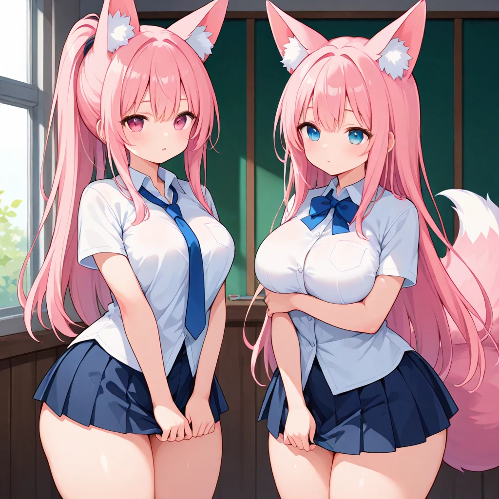 ((2 girls))、(smile:1.3)、small breastsのヌード、(cowboy shot)、(fun!!)、(white cardigan:1.5)、(blush:1.4)、(silver hair)、Chest roll-up clothing,pull clothes,((flat chest:1.3))、((I can see your nipples:1.5)),(dog ears), No bra, (black skirt),look down, ((classroom:1.5))Upper body,classroomのシャツロールアップシャツセーター高解像度,look down, Upper body,Fair skin,classroom,small breasts,shaved pussy、long hair、light blue eyes