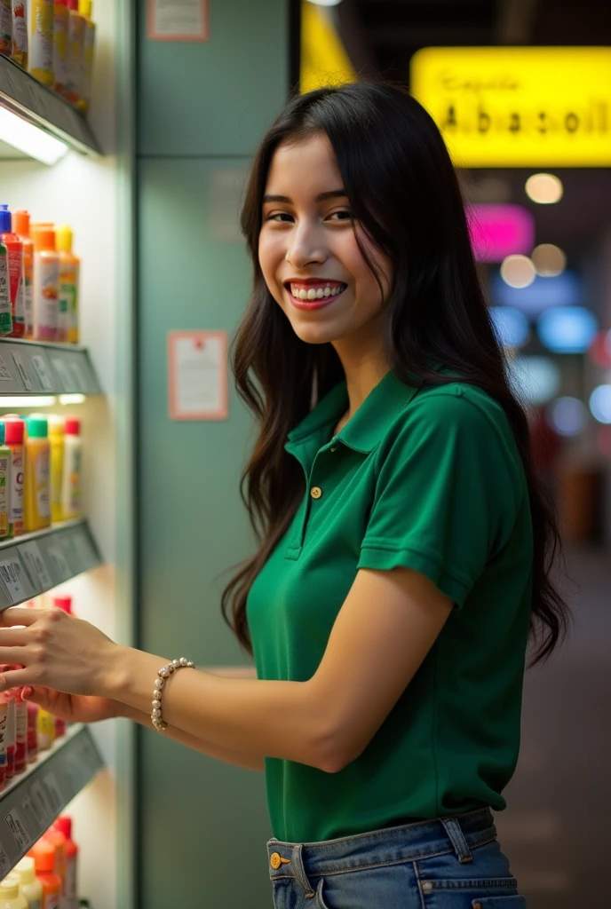 (masterpiece:1.3) 1girl, , (female serial killer:1.5) (skinny with an ugly face:1.3) working at Walmart, wearing an apron with topless under the apron, wide eyes, blood stains on clothes, short khaki shorts, big evil smile, (holding a knife:1.3), horror Walmart background, florescent grocery store lighting, deep shadows , extreme details, , complimentary lighting colors, deep skin, , brightly colored composition, "constricted pupils, small pupils, yellow glowing eyes", Slender Girl, OL, JK, purple bags_under_eyes, ( downblouse, BarbaraEvenot, Bags und