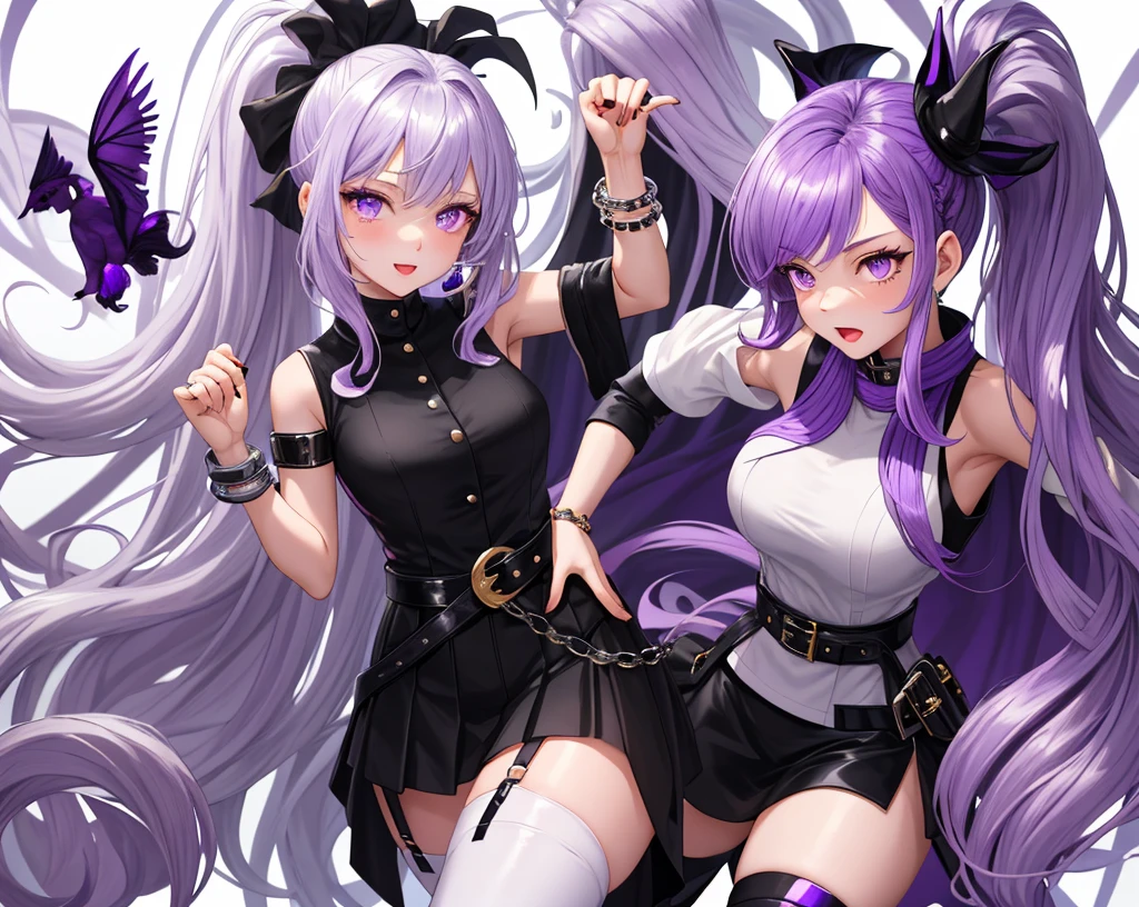 Best quality, 8k, 1 girl, succubus, wings, solo, little girl, silver hair, long wavy hair, purple eyes, hair between eyes, small breasts, crop_top, jacket, mini skirt, black legwear, sassy child, light smile, smirk, tiara headwear