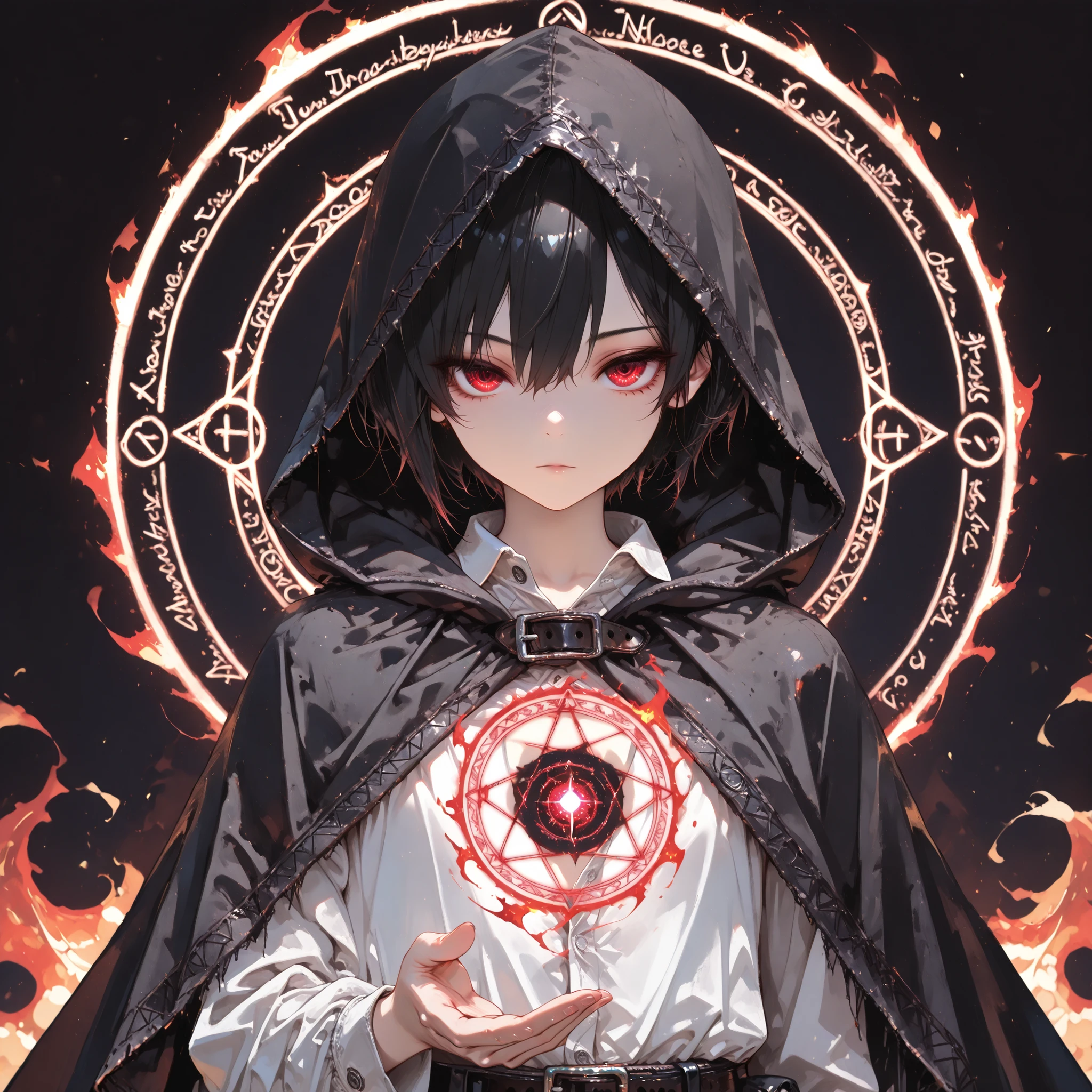 ((Best Quality)), ((masterpieces)), (detailed), perfect face, SOLO, ((((TOMGIRL)))), FEMBOY, ANIME, beautiful detailed eyes, BOB hair, BLACK hair, RED EYES, expressionless, hooded, Magical Eyes, dark background, ((BLACK hooded cloak)), ((flat chest)), magic circle, magic circle, Fire magic, ((Hooded)), buckle, hooded head, dress shirt