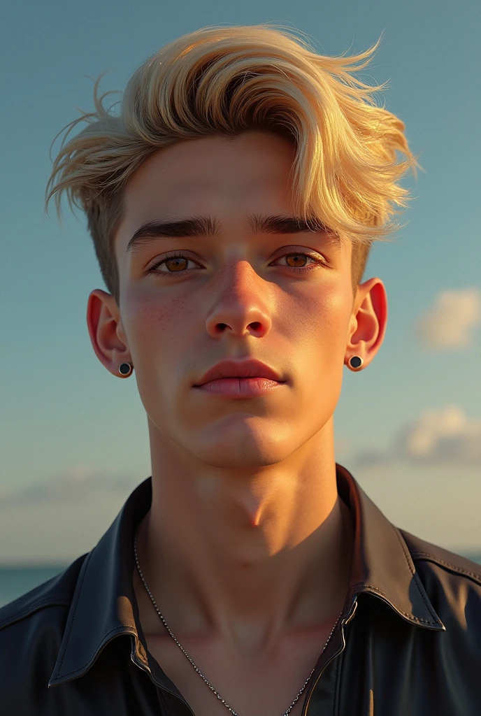 taking selfie, selfie shot pov, young man, blonde hair, blue eyes, ciginmouth, shirtless, beach, hot handsomeness 