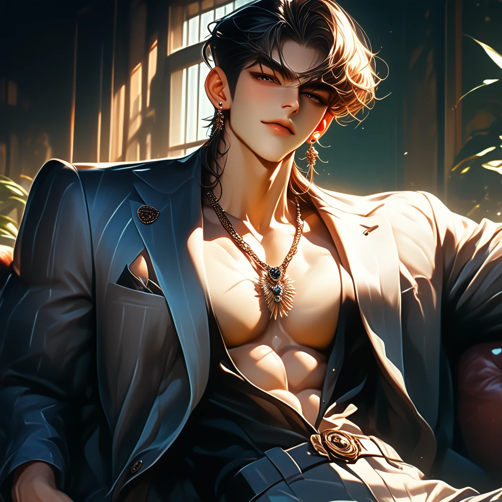 (Best Quality, 8K, Masterpiece, HDR, Soft Lighting, Picture Perfect, Realistic, Vivid), 1 Boy, 1 Red [Little Fox]), (Photo by Lee Dong Wook), Perfect Male Body, Eyes Looking into the Camera, (with long red hair, long bangs, Forehead, Smile, seductive, rich, anime - style image of a man sitting at a table with a cup of tea a character portrait by Yang J, trending on cg society, fantasy art, cai xukun, delicate androgynous prince, heise jinyao, beautiful androgynous prince, beautiful character painting, flowing hair and long robes, handsome guy in demon slayer art, realistic. cheng yi), color difference, Depth of field, dramatic shadow, Ray tracing, Best quality, Highly detailed computer graphics, 8K wallpaper, male model, [Carefully rendered hair [More about beautiful and shiny hair]],(Perfect hand detail [Beautiful fingers without breakage [Beautiful nails]]),(Perfect anatomy (Perfect proportions)) [[Resembles the whole body]],[Perfect color coordination (Accurate simulation of the interaction of light and material)],[Visual art that conveys a sense of storytelling].