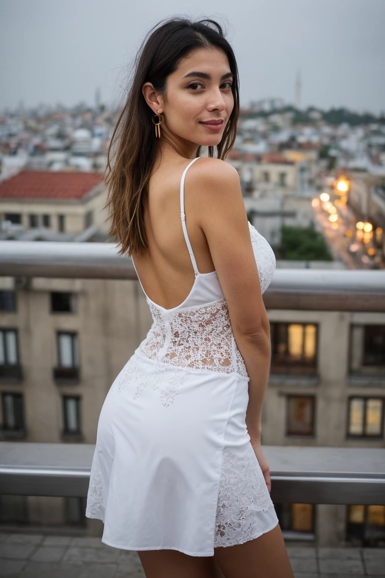 (best quality,4k,8k,highres,masterpiece:1.2),ultra-detailed,(realistic,photorealistic,photo-realistic:1.37),pretty woman, smiling, sunshine, Amalfi coast in background, white thin dress, back shot, walking, vivid colors,