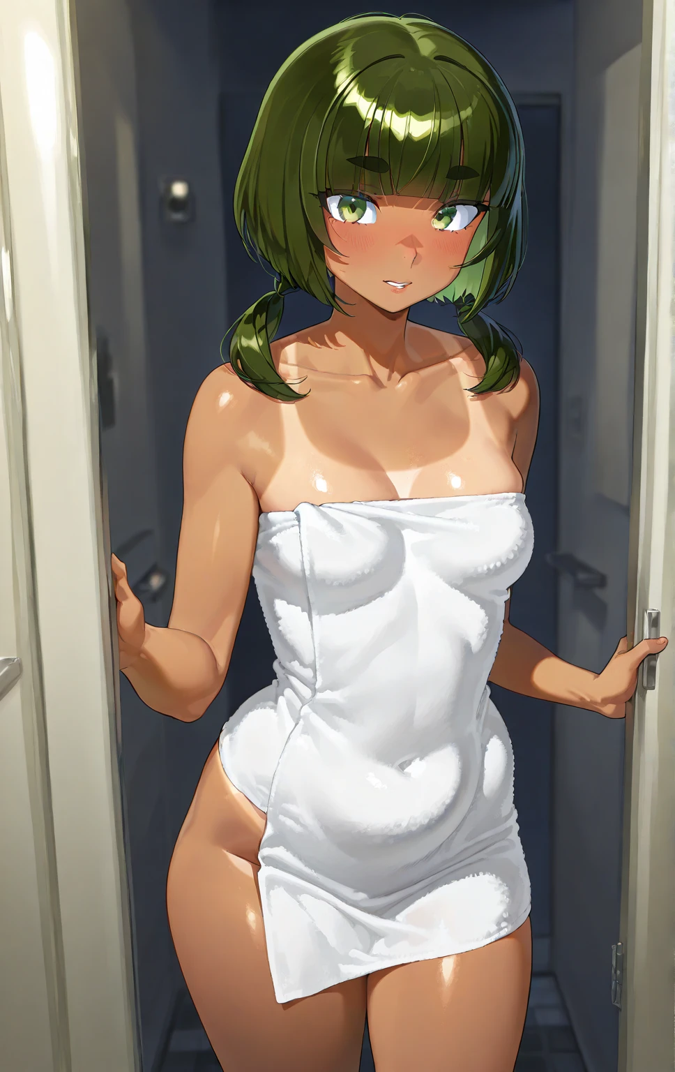 anime styled, Anime Artwork,The ultra -The high-definition,超A high resolution, Two girls who are very close, Happy look, Pretty lips,Beautiful girls,A half-elf girl with bright, vibrant green hair is braiding the hair of a black-haired human girl., The green-haired girl is a half-elf with a calm and shy look that still looks a little childish., The green-haired girl has slightly pointed short elf ears and C-cup breasts., The black-haired girl is around 18 years old, with a boyish face that exudes a benevolent aura., The black-haired girl is human and has normal ears., The black-haired girl has D-cup breasts.,  Neither of them are wearing any clothes., Neither of them are wearing bras., Both of us are braless, Neither of them are wearing panties., Both without panties,((barechested:1.5)), ((fullnude:1.5)), Suppon, fullnude, Happy expression on face, full bodyesbian, Draw from head to toe, Neither of them hide their crotches., Both of their crotches are fully visible, Genitals are also depicted correctly, The background has a warm effect, A bright and warm room in an old wooden house where sunlight shines in, Spartan bed, Staring at each other or looking at the camera