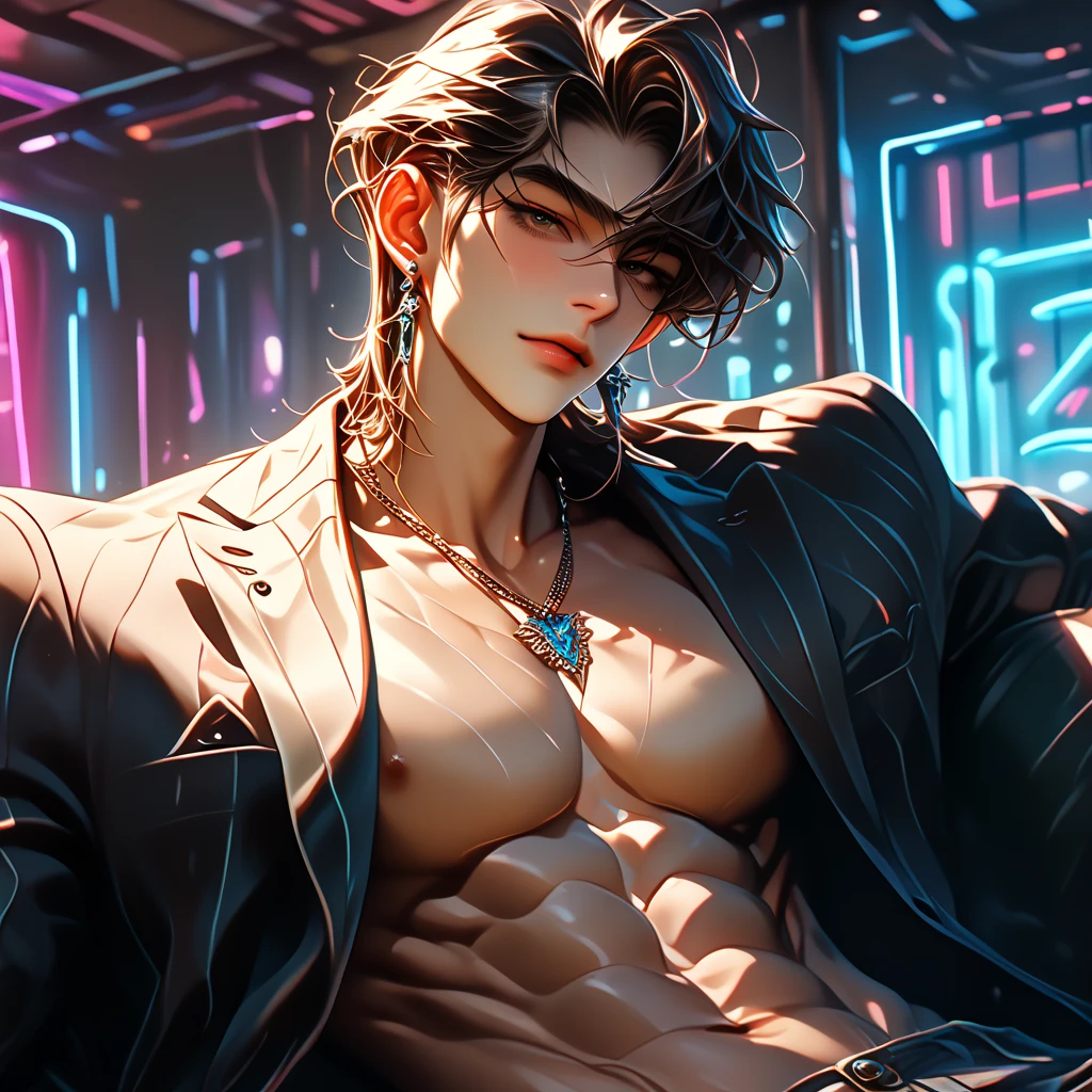 a young man, handsome, Good looking, Dark skin, have muscles,Big shape,Screenhead hair, Full body tattoo