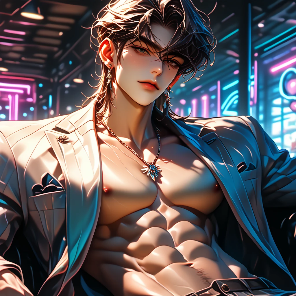 Extremely detailed CG unity8k wallpaper)|game_cg|masterpiece|best quality|illustration| {High resolution}|exquisite painting|aesthetic painting|high detail, beautiful and detailed eyes, perfect eyes, delicate face, delicate skin, in this cyberpunk world, a young and handsome Chinese male model, wearing a thong standing on top of a towering building. The golden ratio of his body is flawless, and the tattoos sparkle in the sun and attract everyone's attention. He had studs on his ears and his whole body was soaked. The wind blew through his thin body, brushed his belly hair, and his ears sparkled. He has a glowing nipple stud on his chest with a small black ball hanging from the nipple stud, making him even more unique and charming. --auto --s2